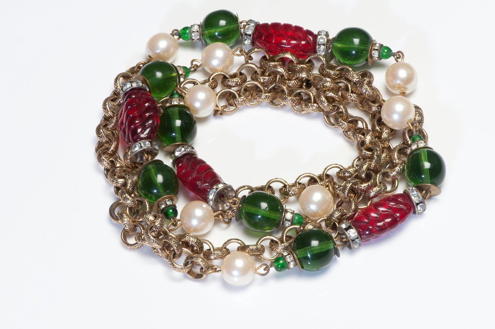 Vintage 1980's Green Red Glass Beads Crystal Chain Sautoir Necklace