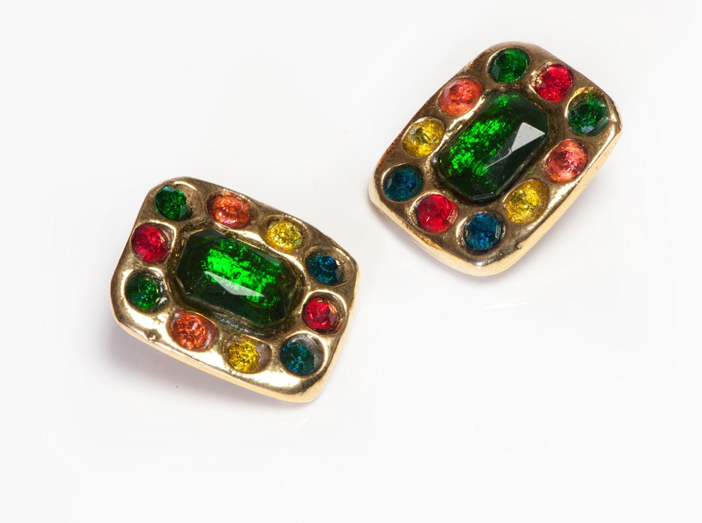 Vintage 1980's Kalinger Paris Green Red Yellow Crystal Earrings