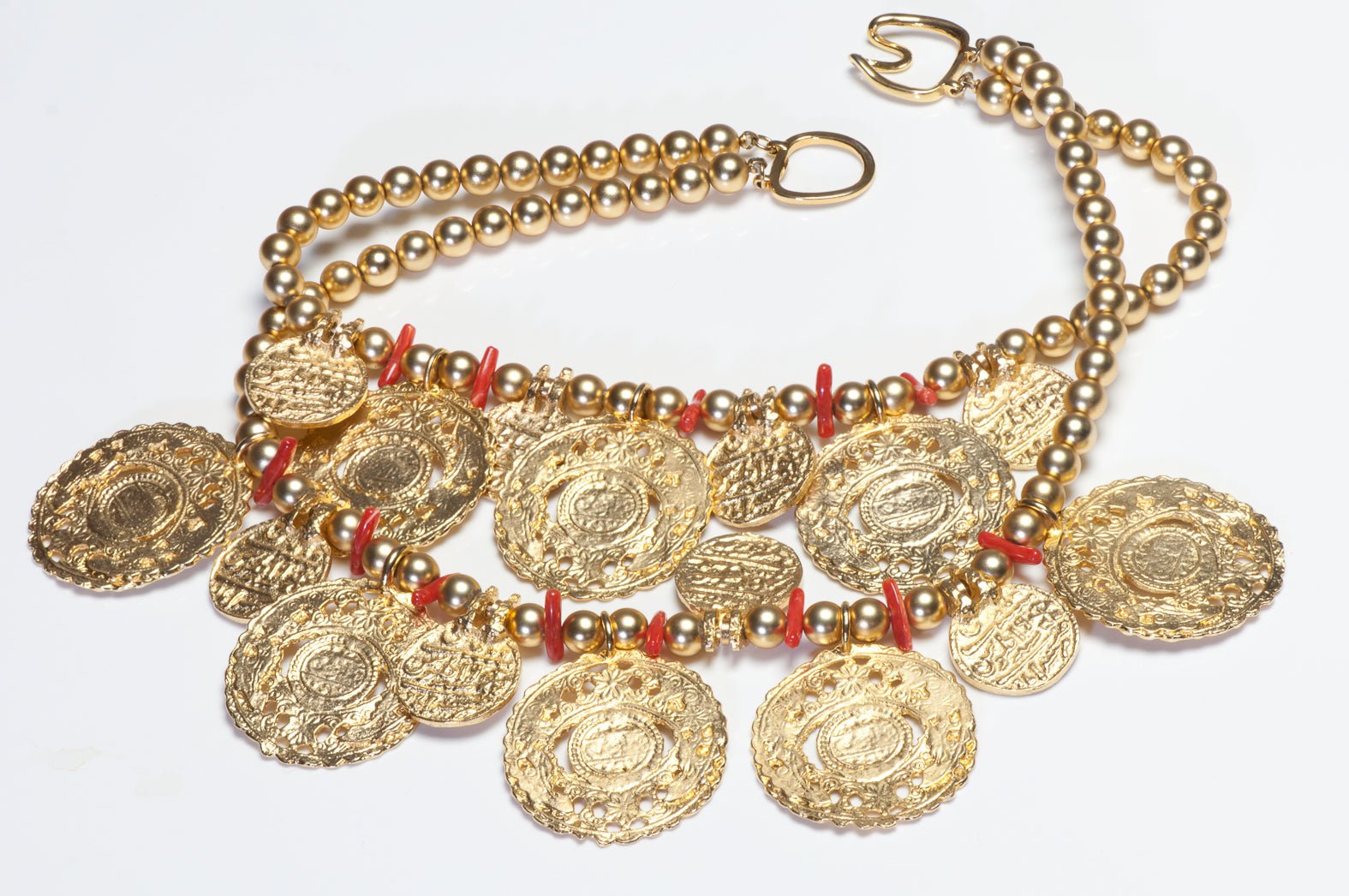 Vintage 1980’s Kenneth Jay Lane KJL Gold Plated Coins Faux Coral Beads Necklace