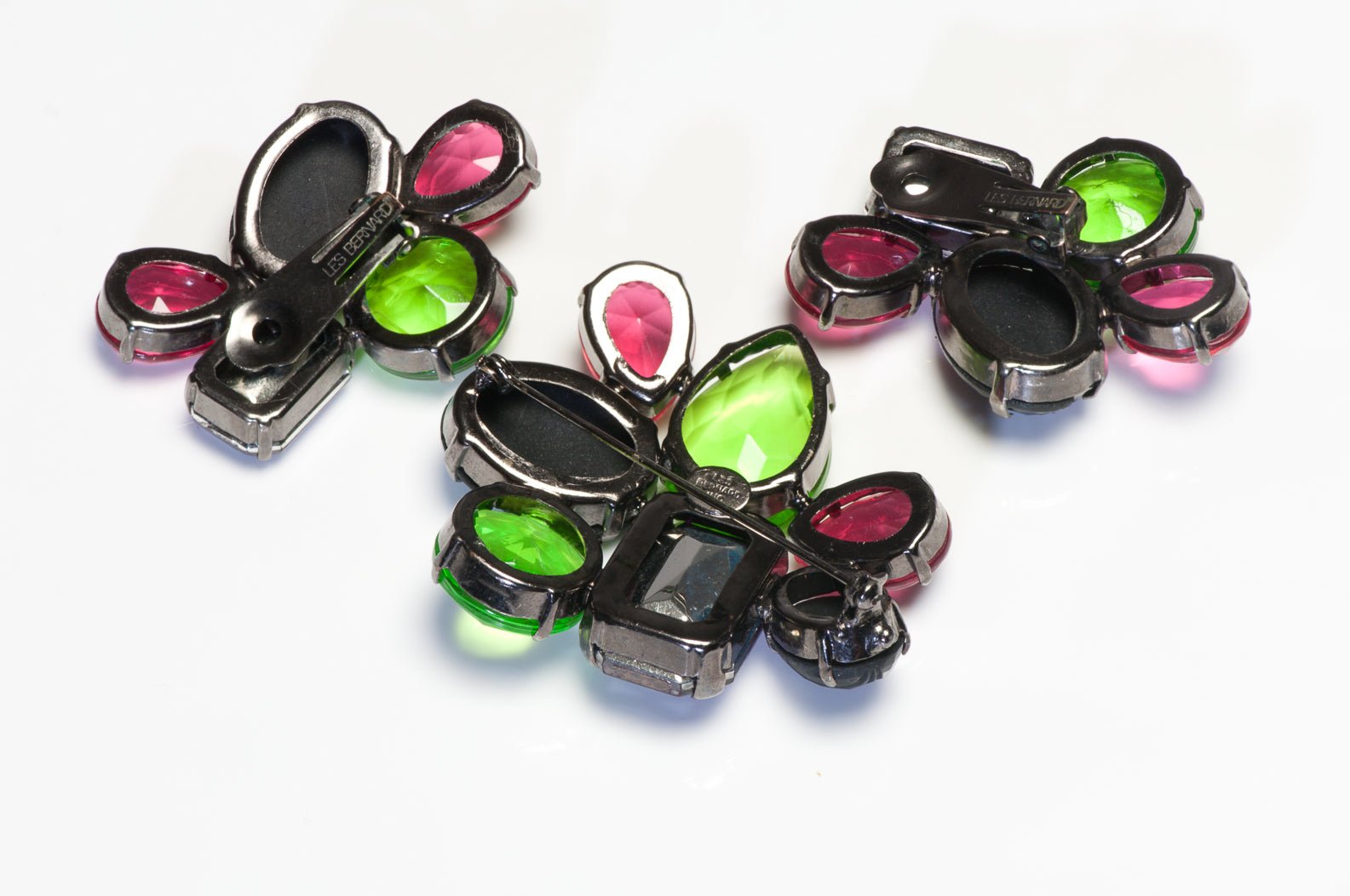Vintage 1980's Les Bernard Green Purple Black Crystal Earrings Brooch Set