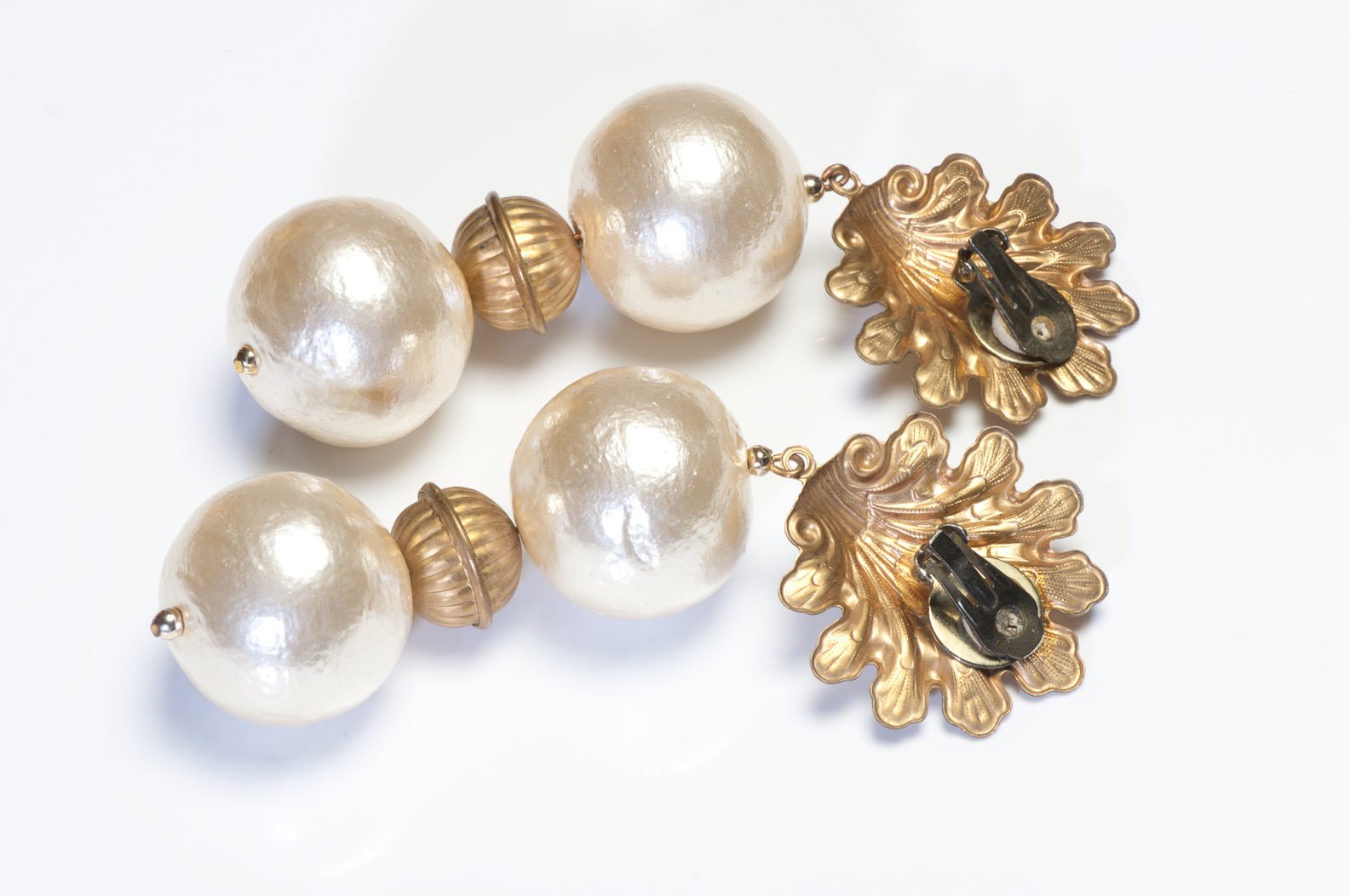 Vintage 1980's Long Cotton Pearl Leaf Drop Earrings