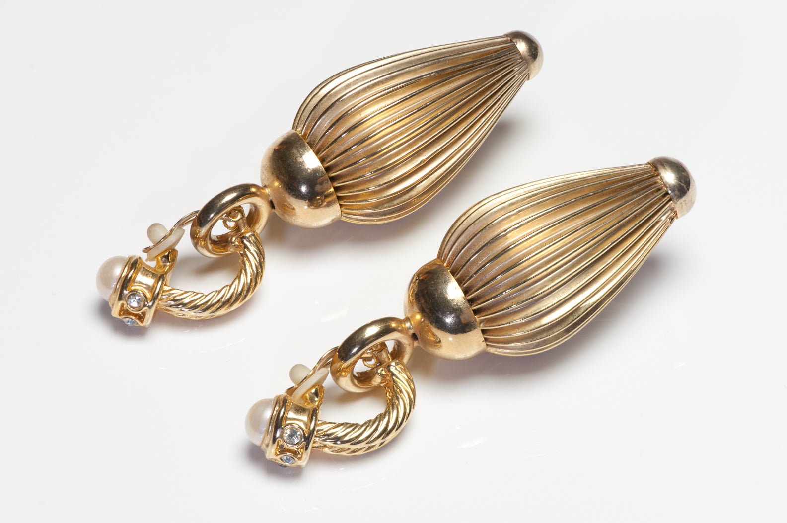 Vintage 1980's Long Gold Plated Crystal Textured Drop Earrings