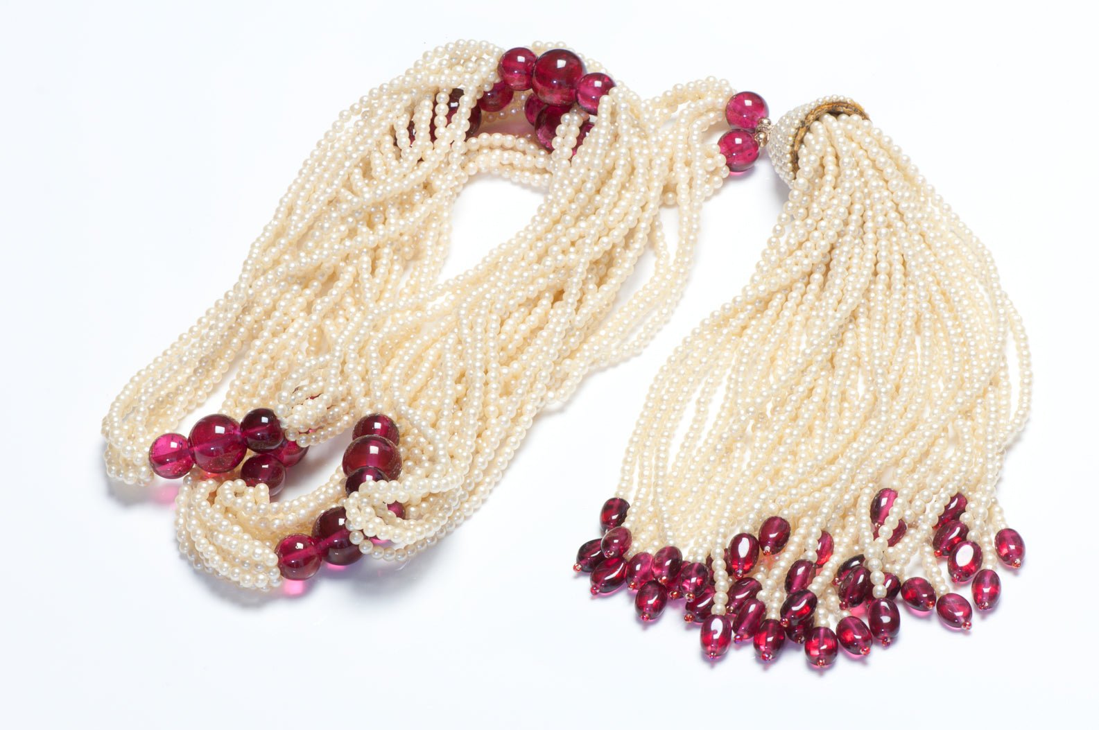 Vintage 1980’s Multi Strand Pearl Red Glass Beads Tassel Flapper Style Necklace