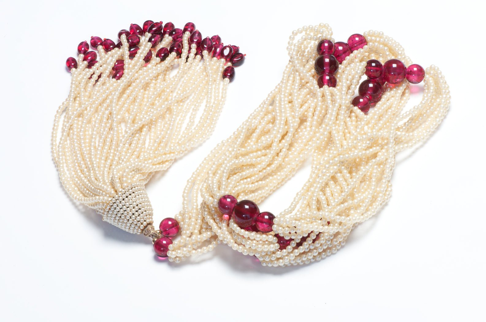 Vintage 1980’s Multi Strand Pearl Red Glass Beads Tassel Flapper Style Necklace