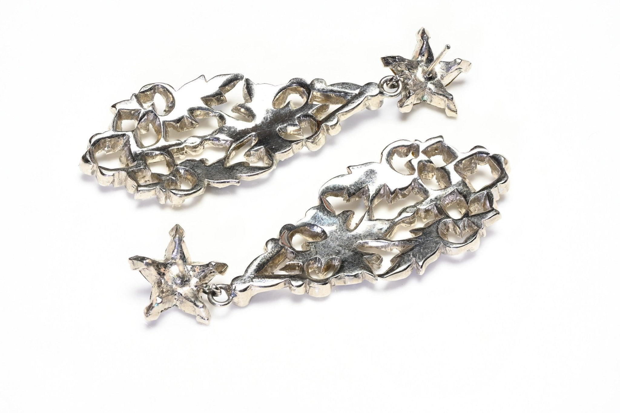Vintage 1980's Rhodium Plated Crystal Flower Long Earrings