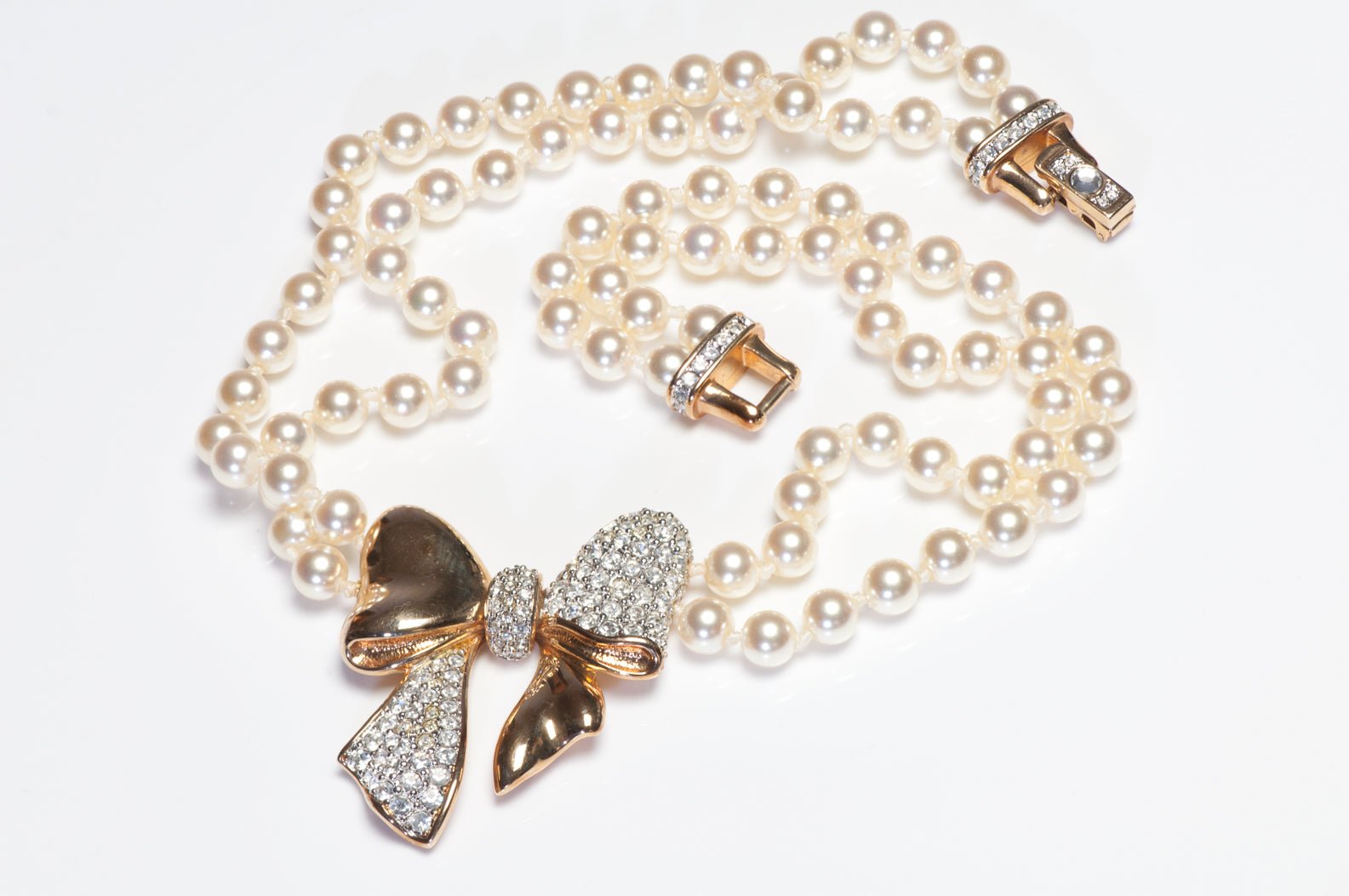 Vintage 1980’s Swarovski Gold Plated Pearl Crystal Bow Necklace