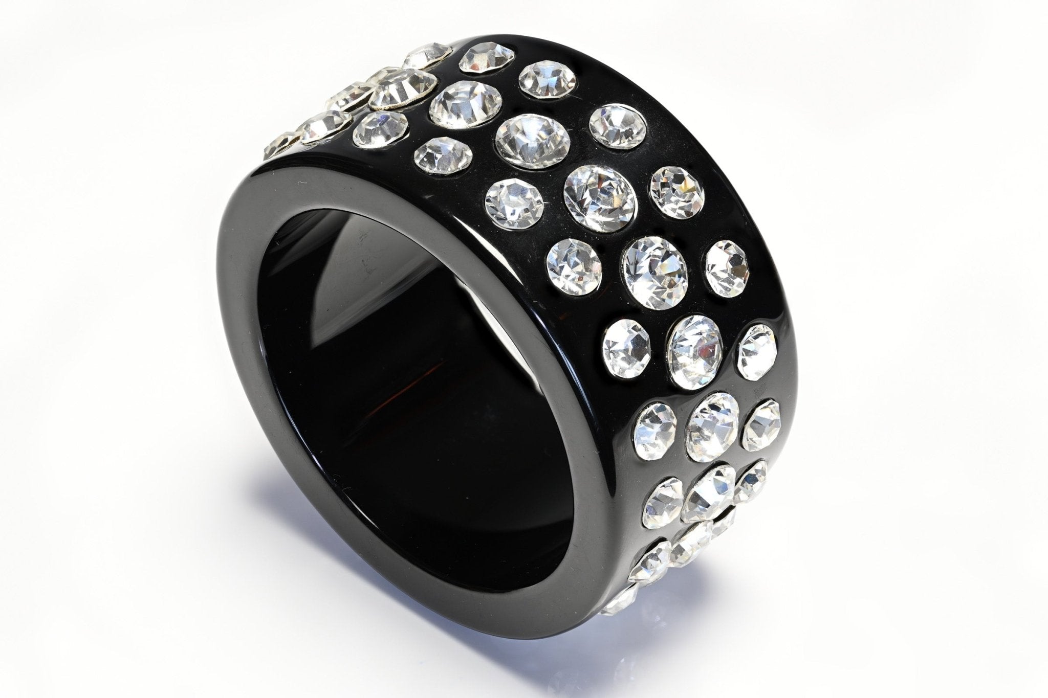 Vintage 1980's Wide Black Resin Headlight Crystal Bangle Bracelet