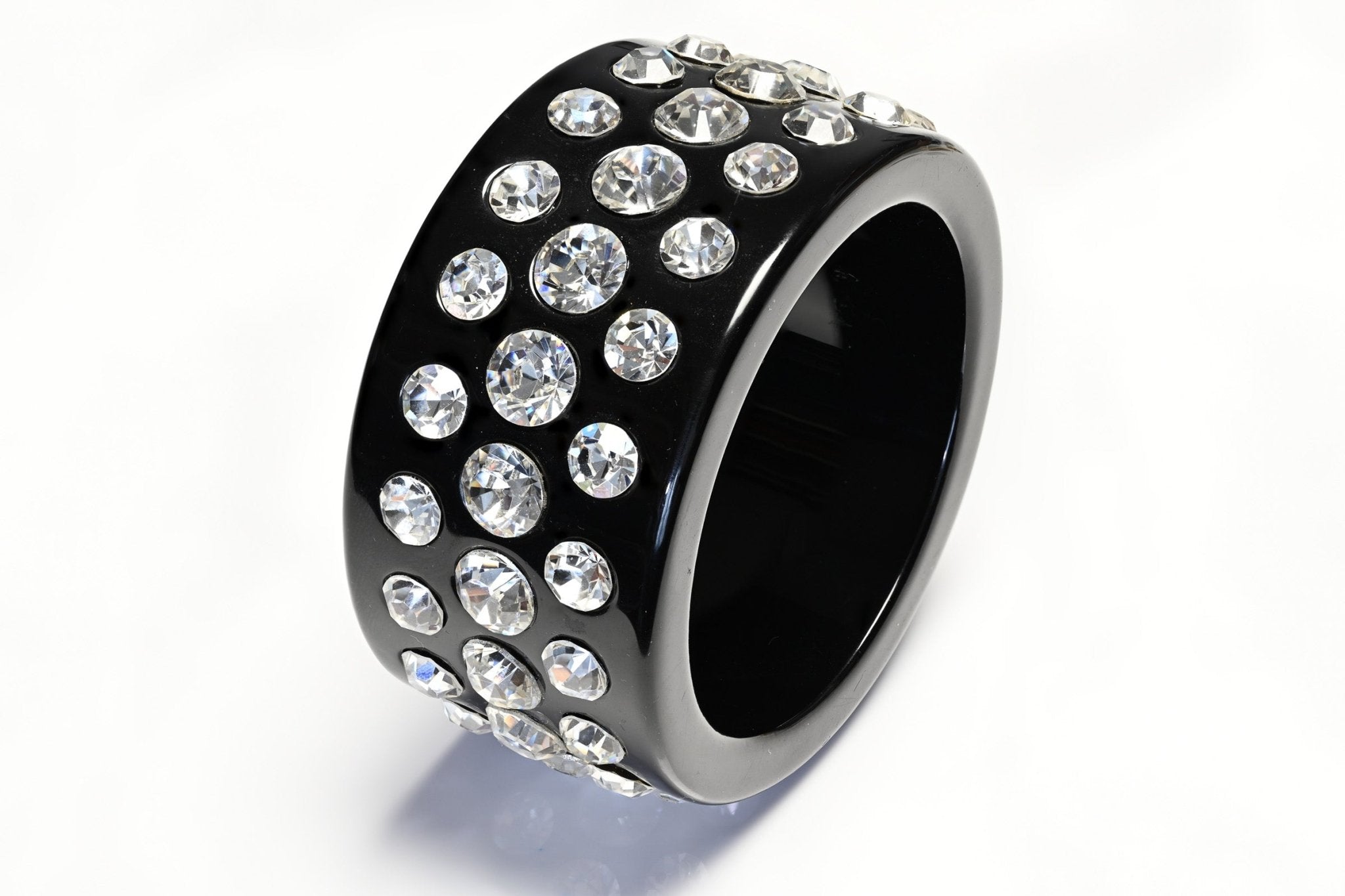 Vintage 1980's Wide Black Resin Headlight Crystal Bangle Bracelet