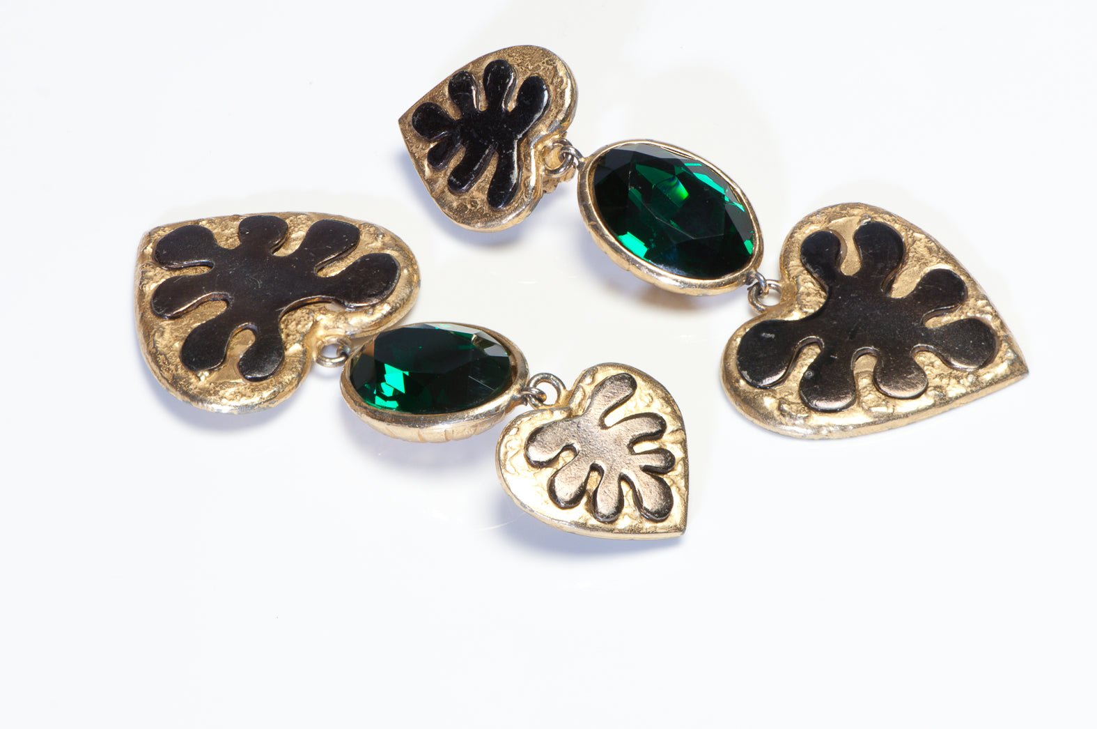 Vintage 1980’s Yves Saint Laurent Paris YSL Long Green Crystal Heart Earrings