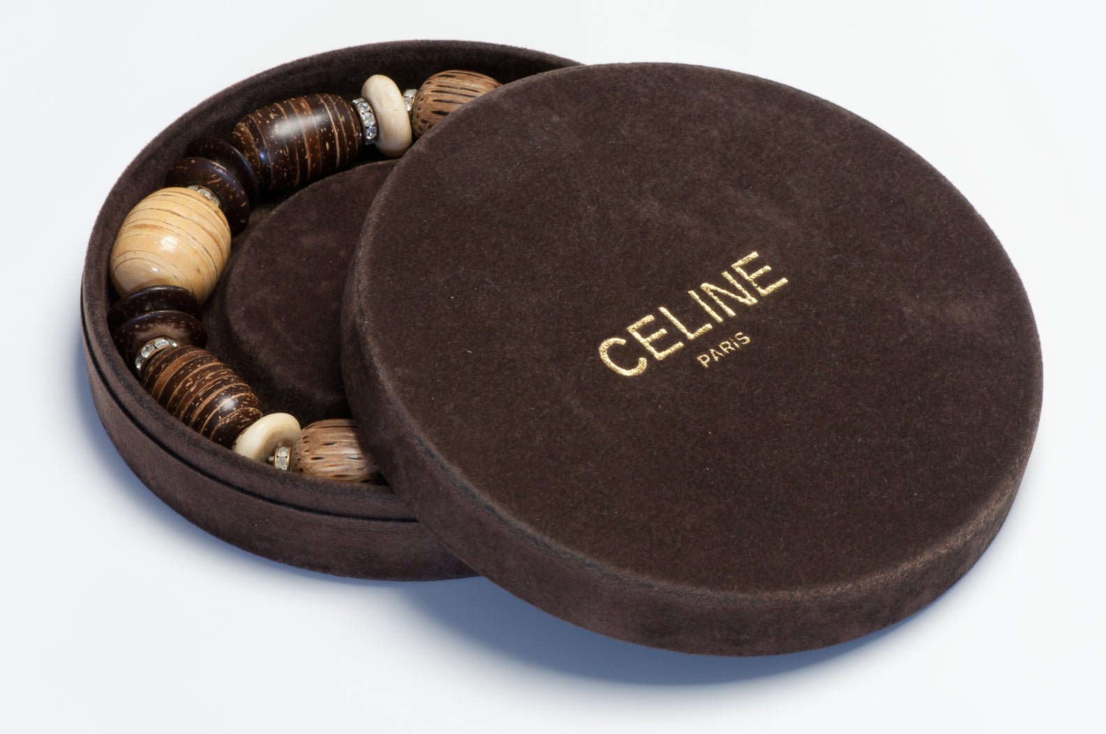 Vintage 1990’s Celine Paris Brown Beige Wood Beads Crystal Choker Necklace