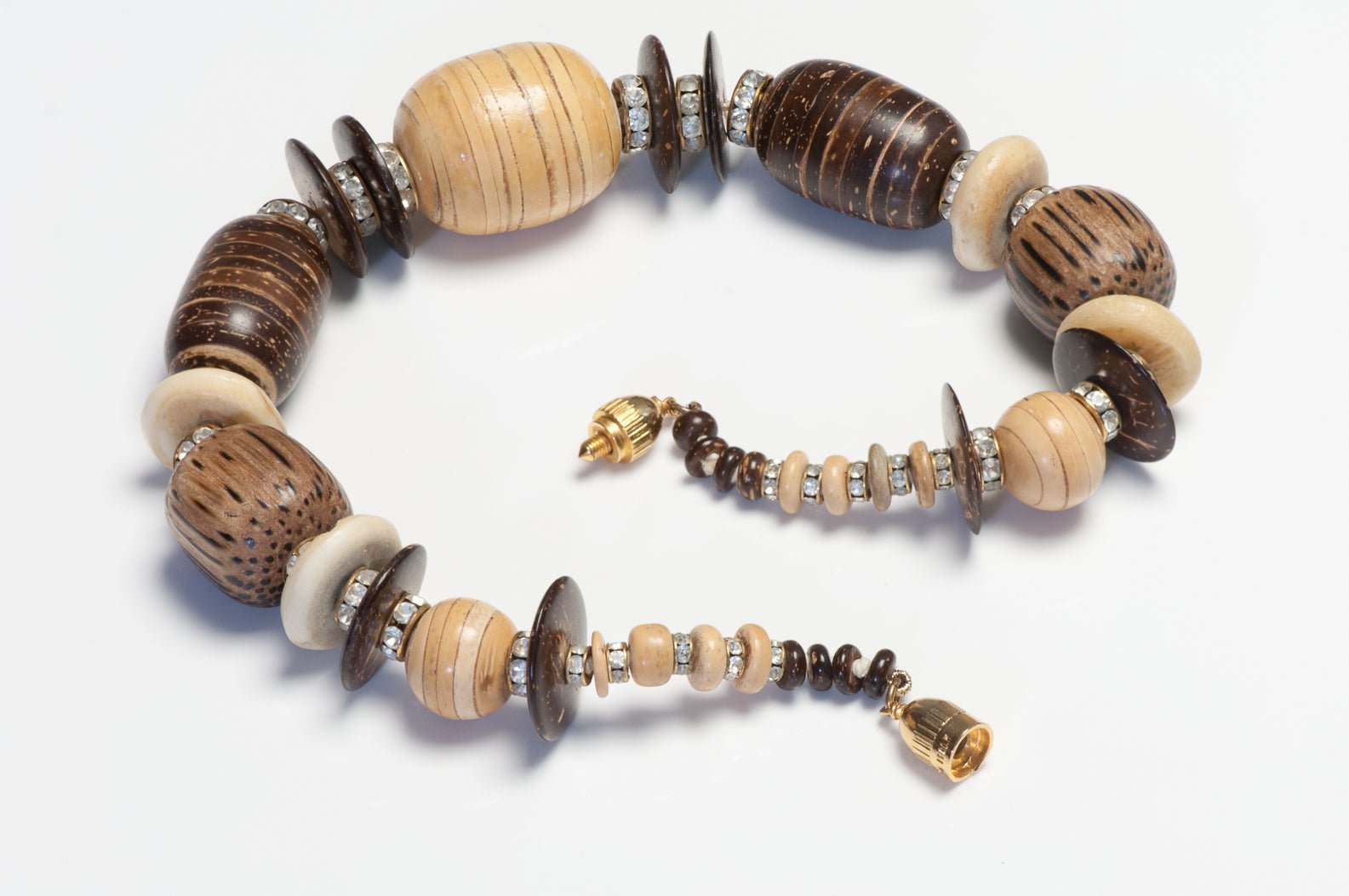 Vintage 1990’s Celine Paris Brown Beige Wood Beads Crystal Choker Necklace