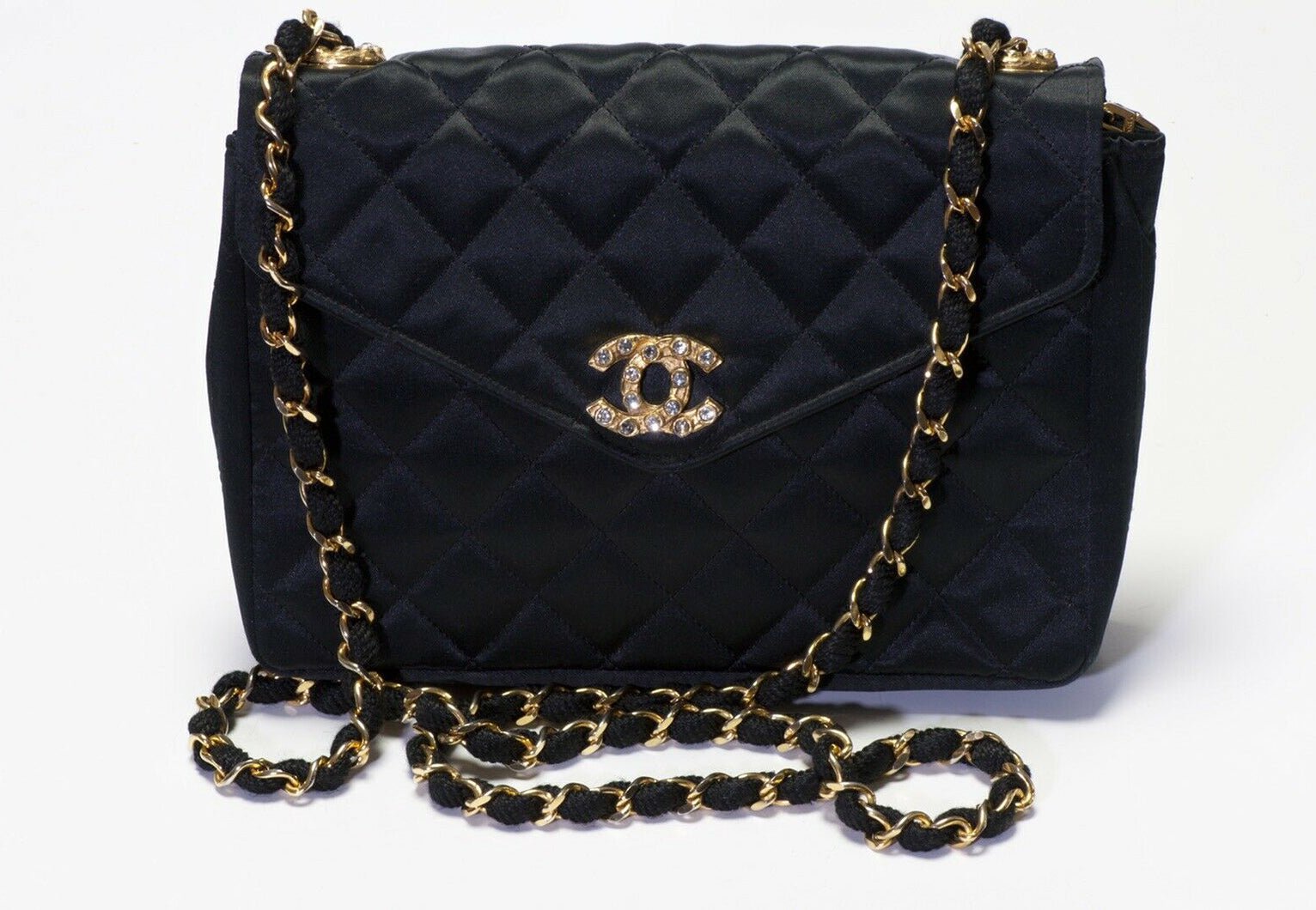 Vintage 1990’s CHANEL CC Black Quilted Satin Crystal Flap Crossbody Bag