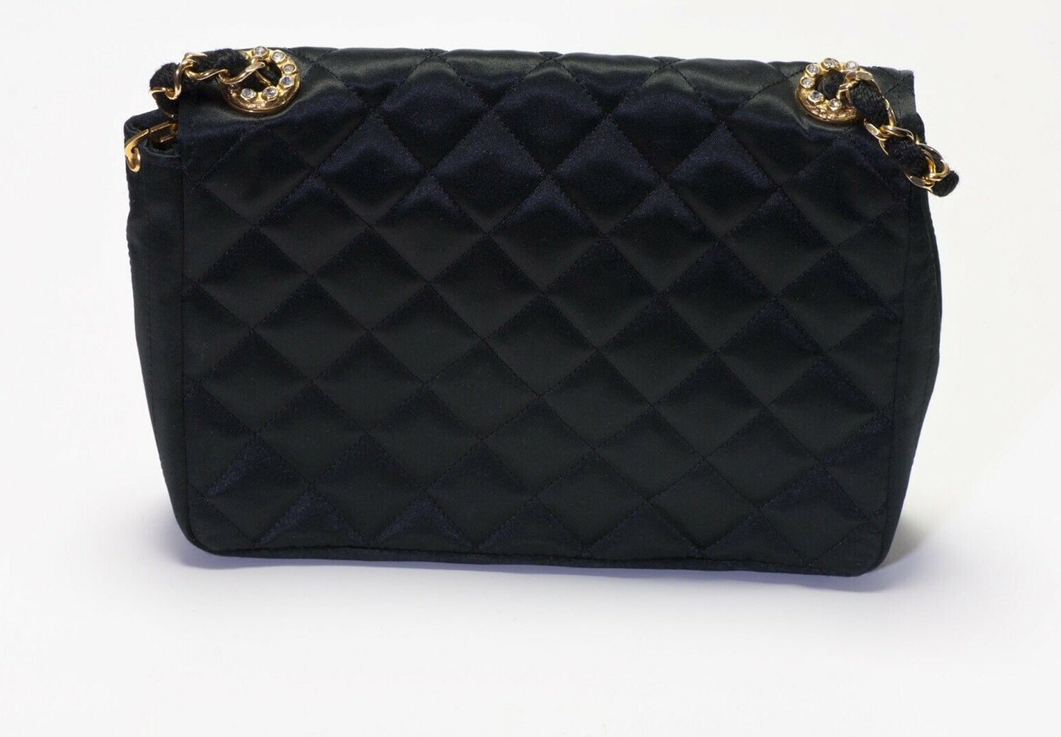 Vintage 1990’s CHANEL CC Black Quilted Satin Crystal Flap Crossbody Bag