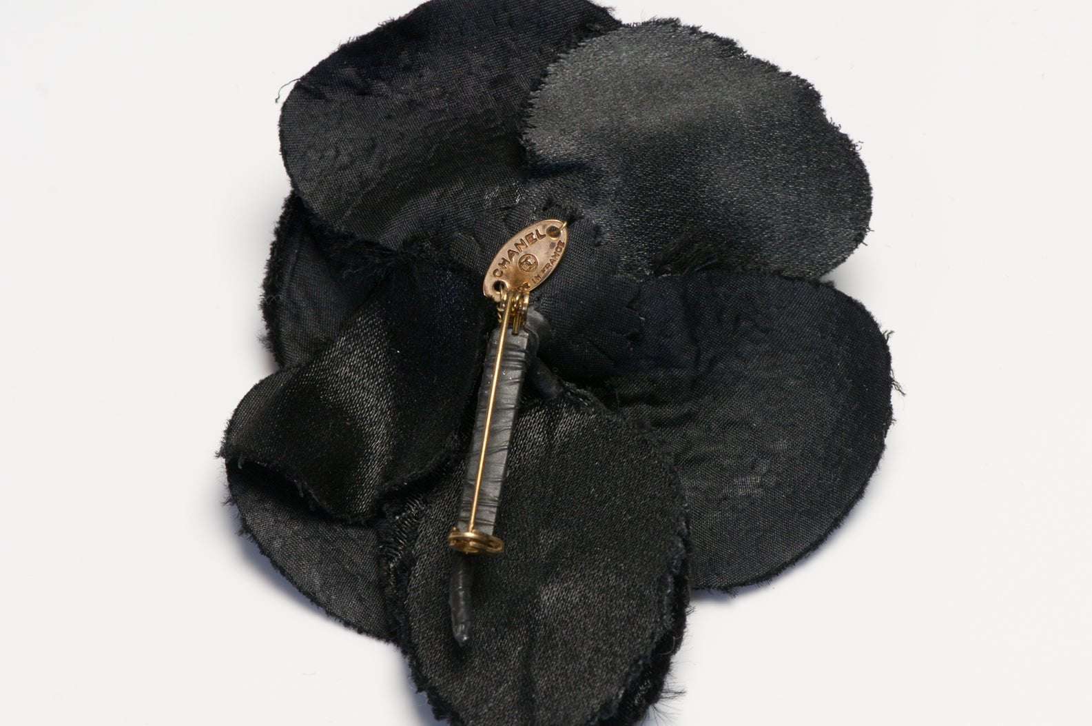 Vintage 1990’s Chanel Paris Black Quilted Fabric Camellia Flower Brooch