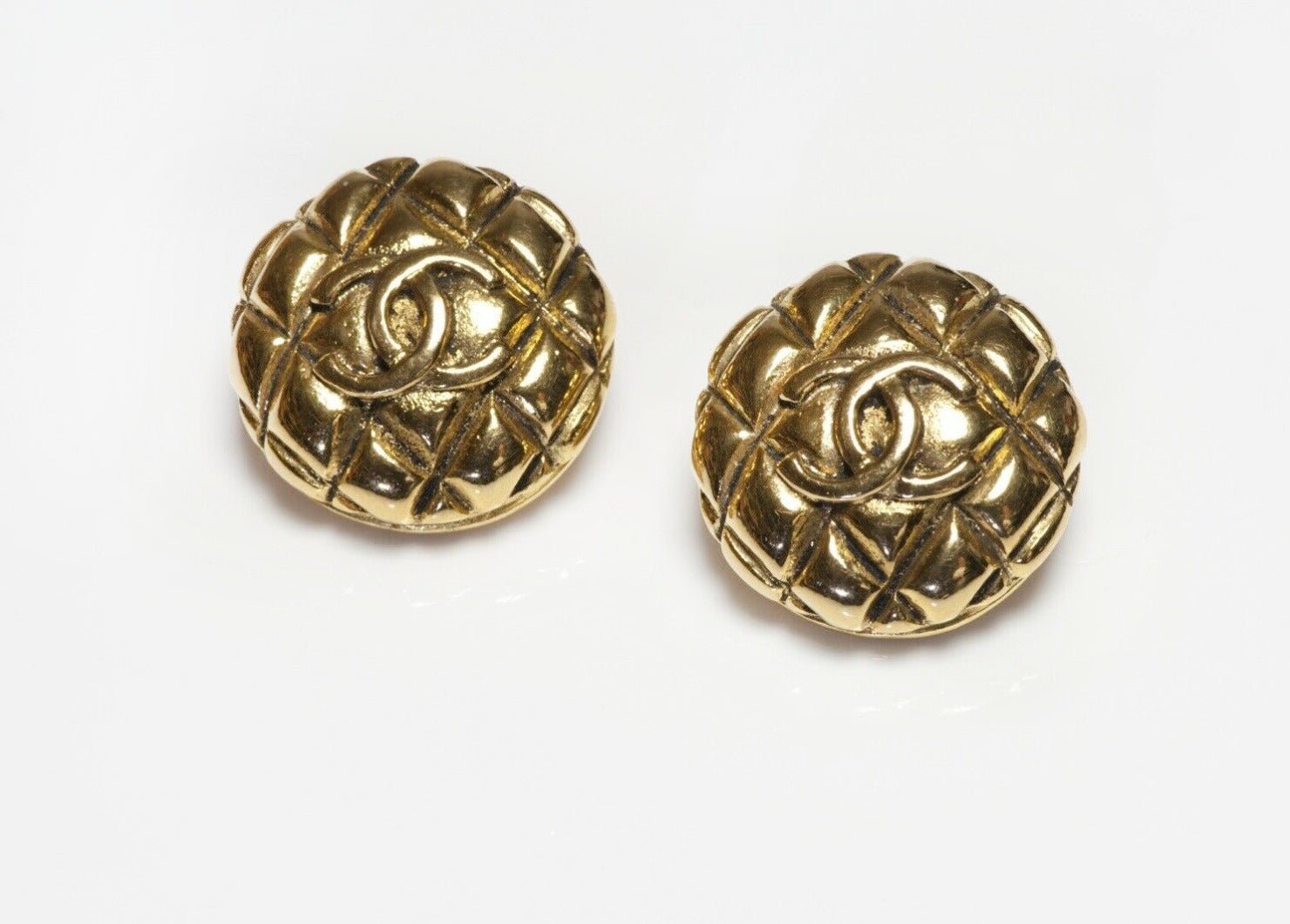 Vintage 1990’s CHANEL Paris Gold Plated CC Quilted Earrings