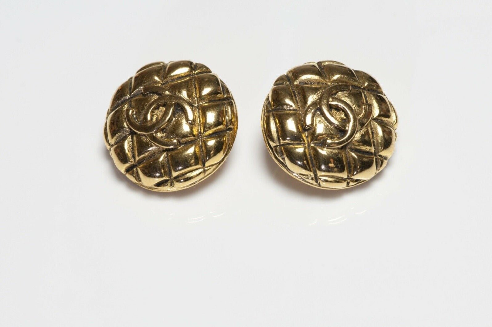 Vintage 1990’s CHANEL Paris Gold Plated CC Quilted Earrings