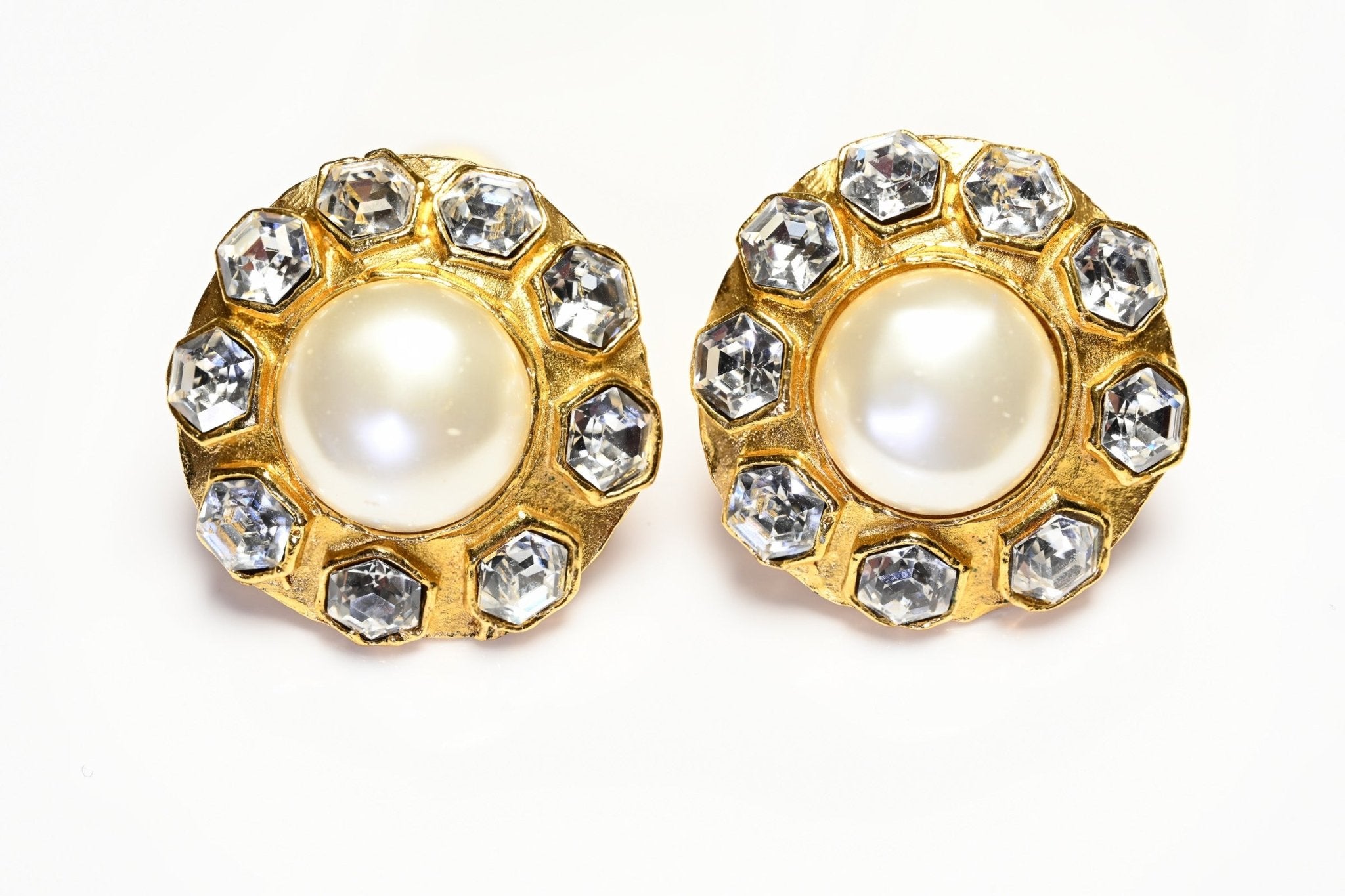 Vintage 1990’s Chanel Paris Gold Plated Diamanté Crystal Pearl Flower Earrings