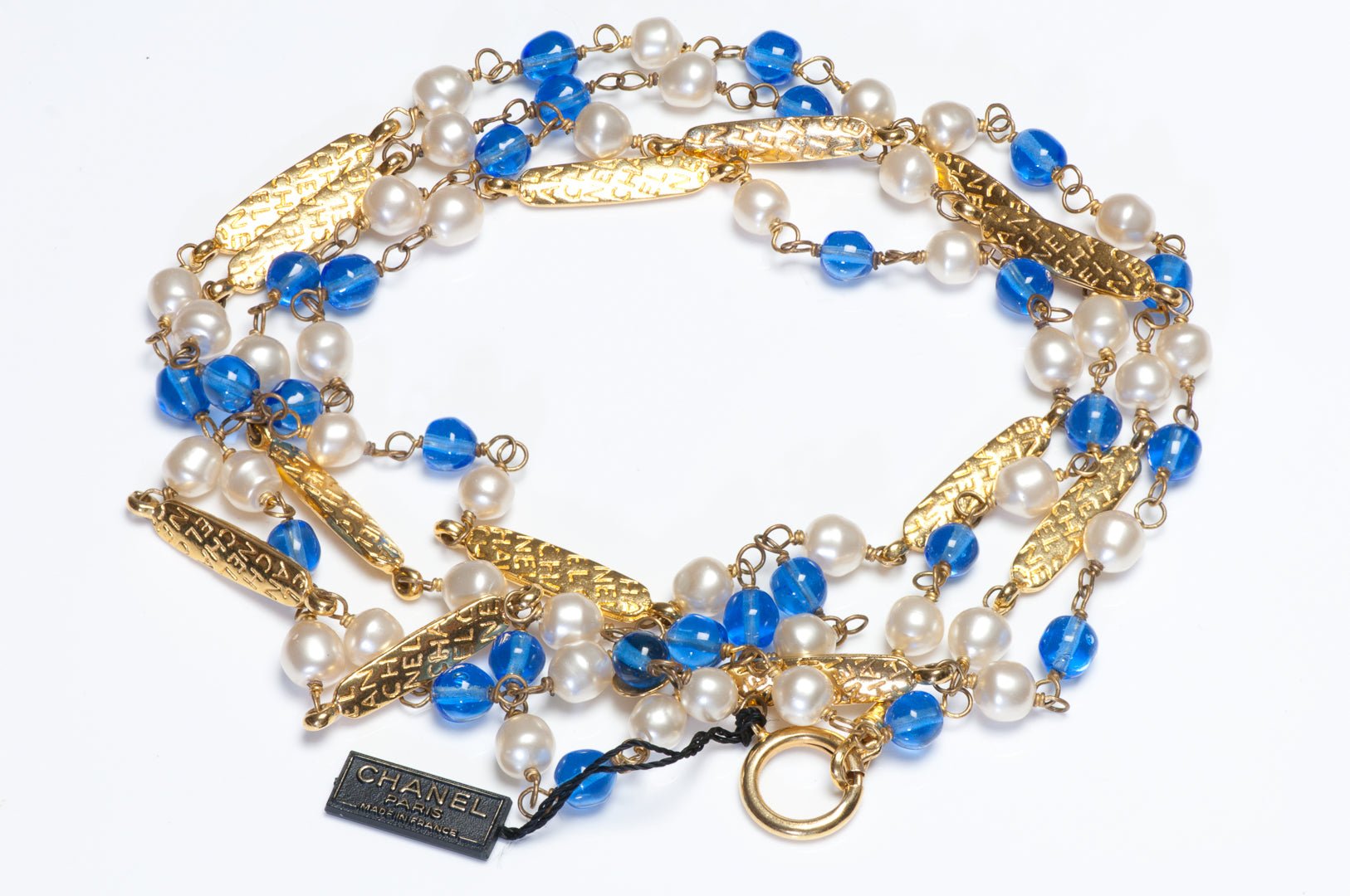 Vintage 1990's Chanel Paris Gripoix Blue Glass Pearl Letter Chain Sautoir Necklace