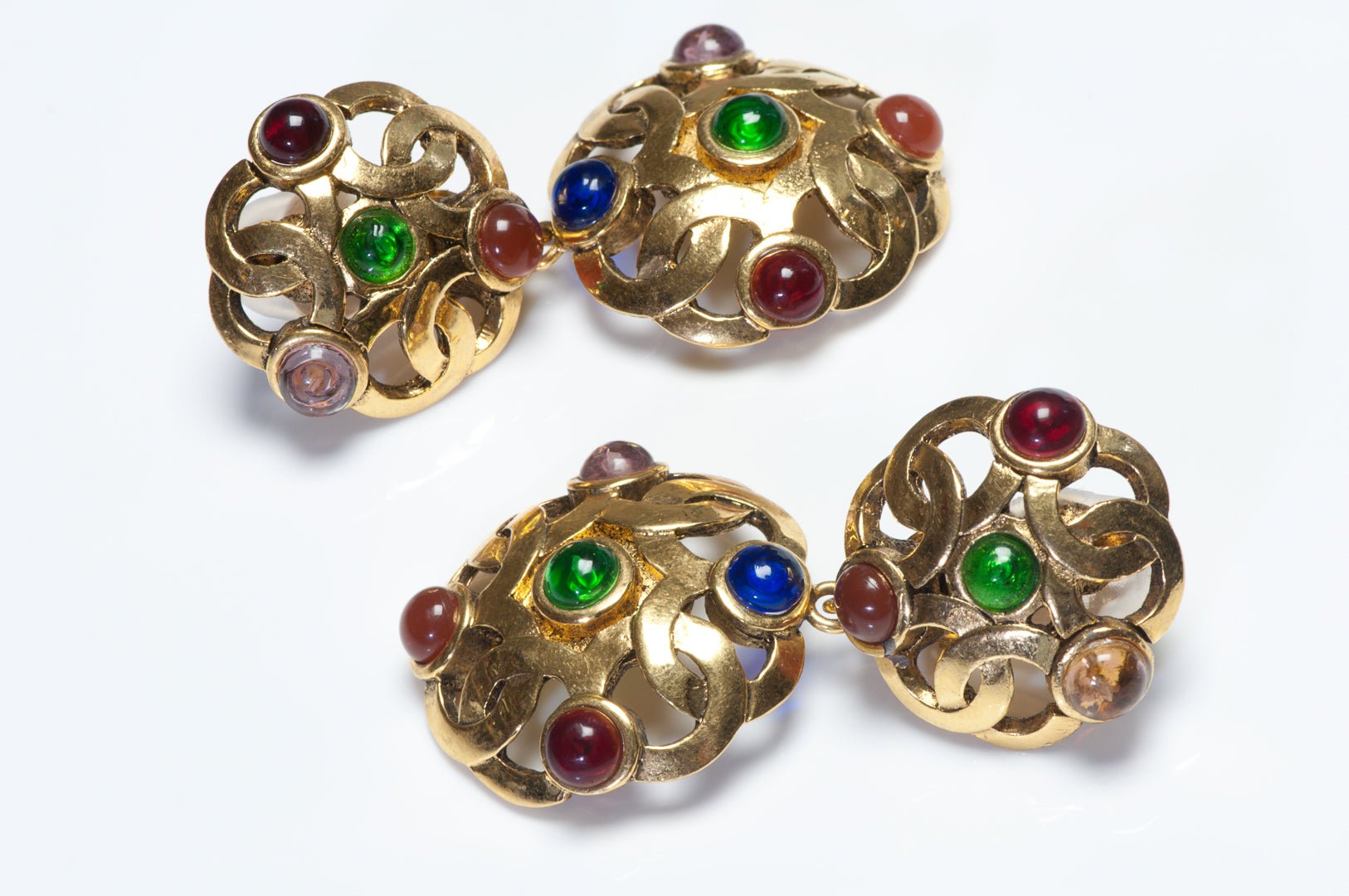 Vintage 1990’s Chanel Paris Gripoix Blue Red Green Glass CC Drop Earrings
