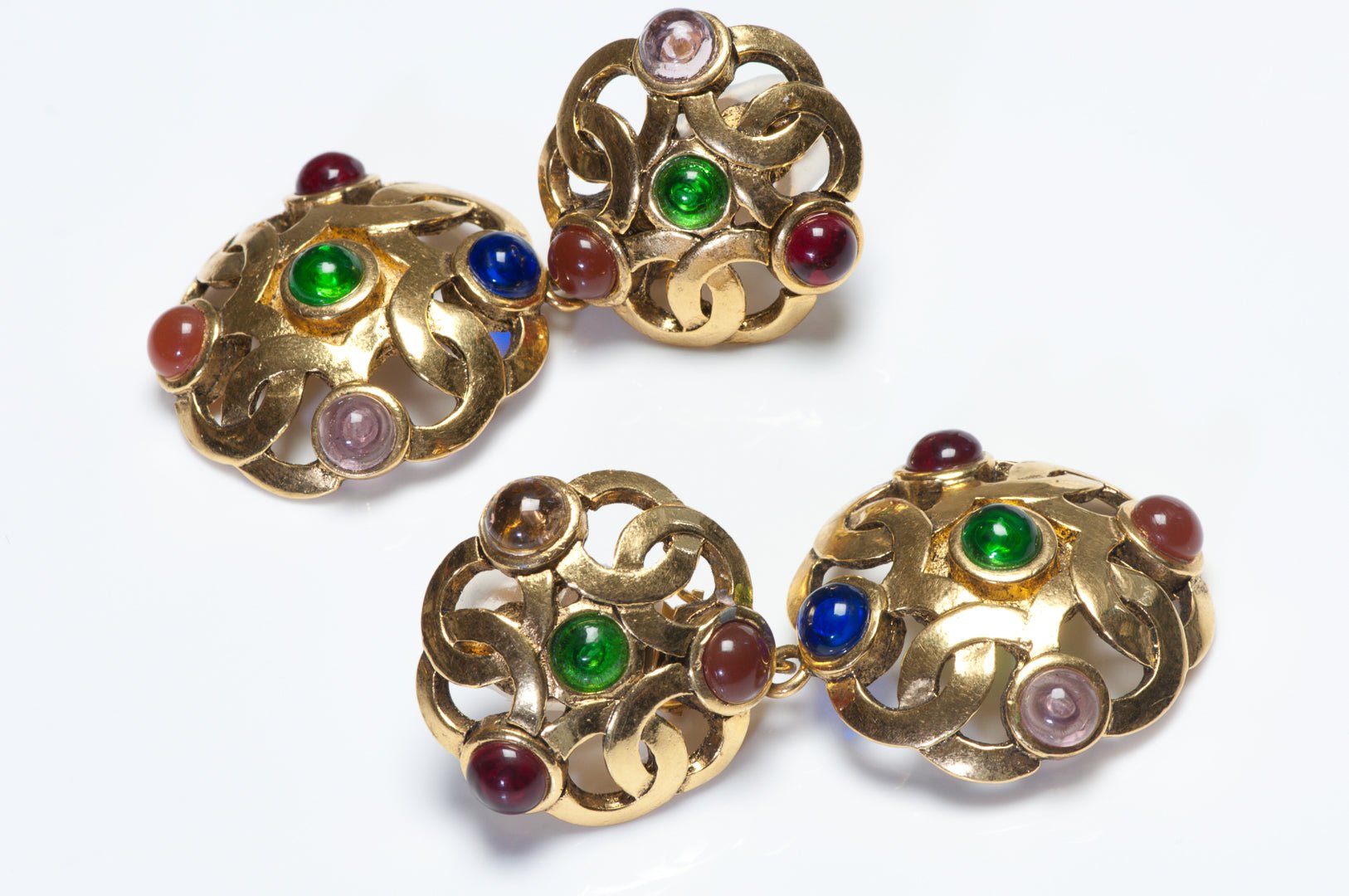 Vintage 1990’s Chanel Paris Gripoix Blue Red Green Glass CC Drop Earrings