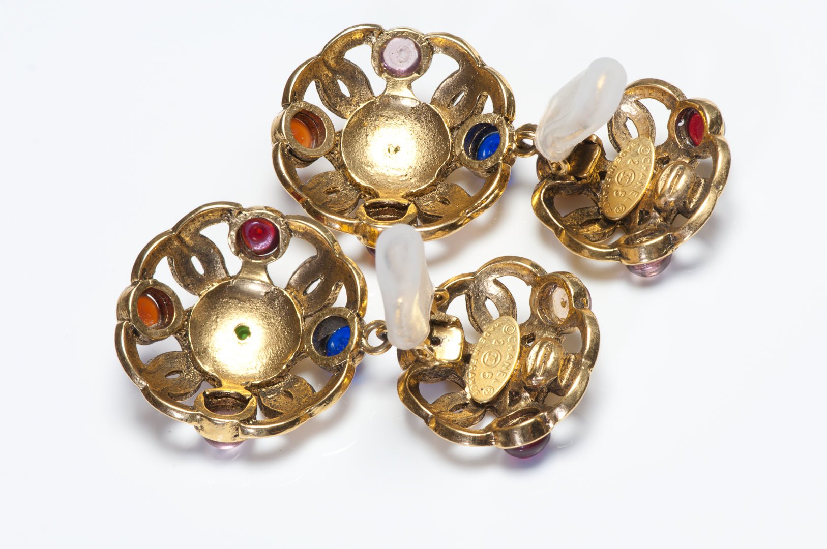 Vintage 1990’s Chanel Paris Gripoix Blue Red Green Glass CC Drop Earrings