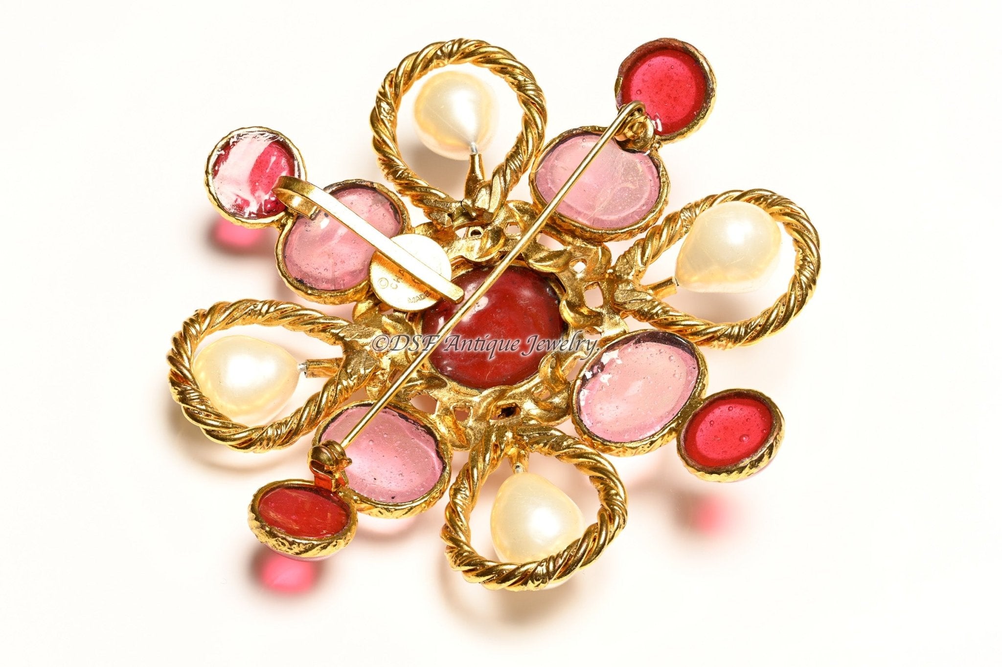 Vintage 1990's Chanel Paris Maison Gripoix Pink Red Glass Pearl Pendant Brooch