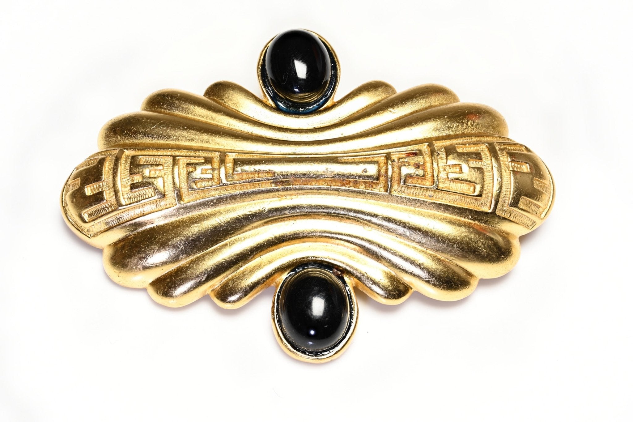 Vintage 1990's Fendi Gold Plated Black Cabochon Logo Brooch