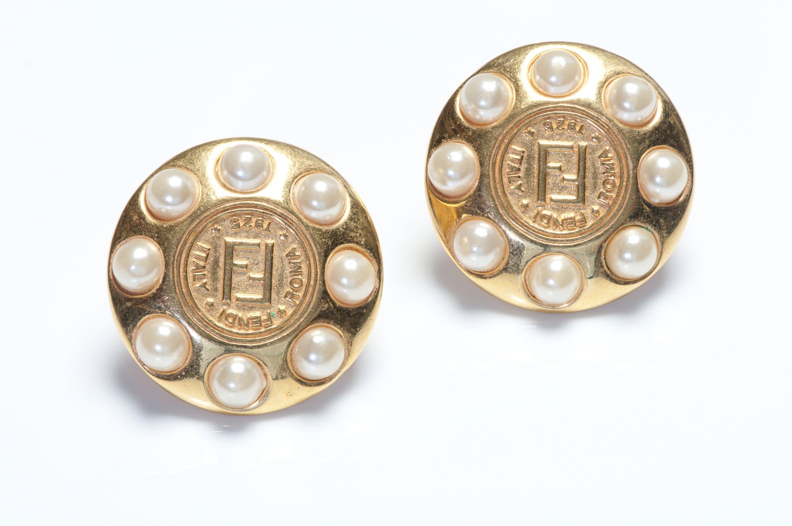 Vintage 1990’s Fendi Gold Plated Logo Pearl Coin Earrings