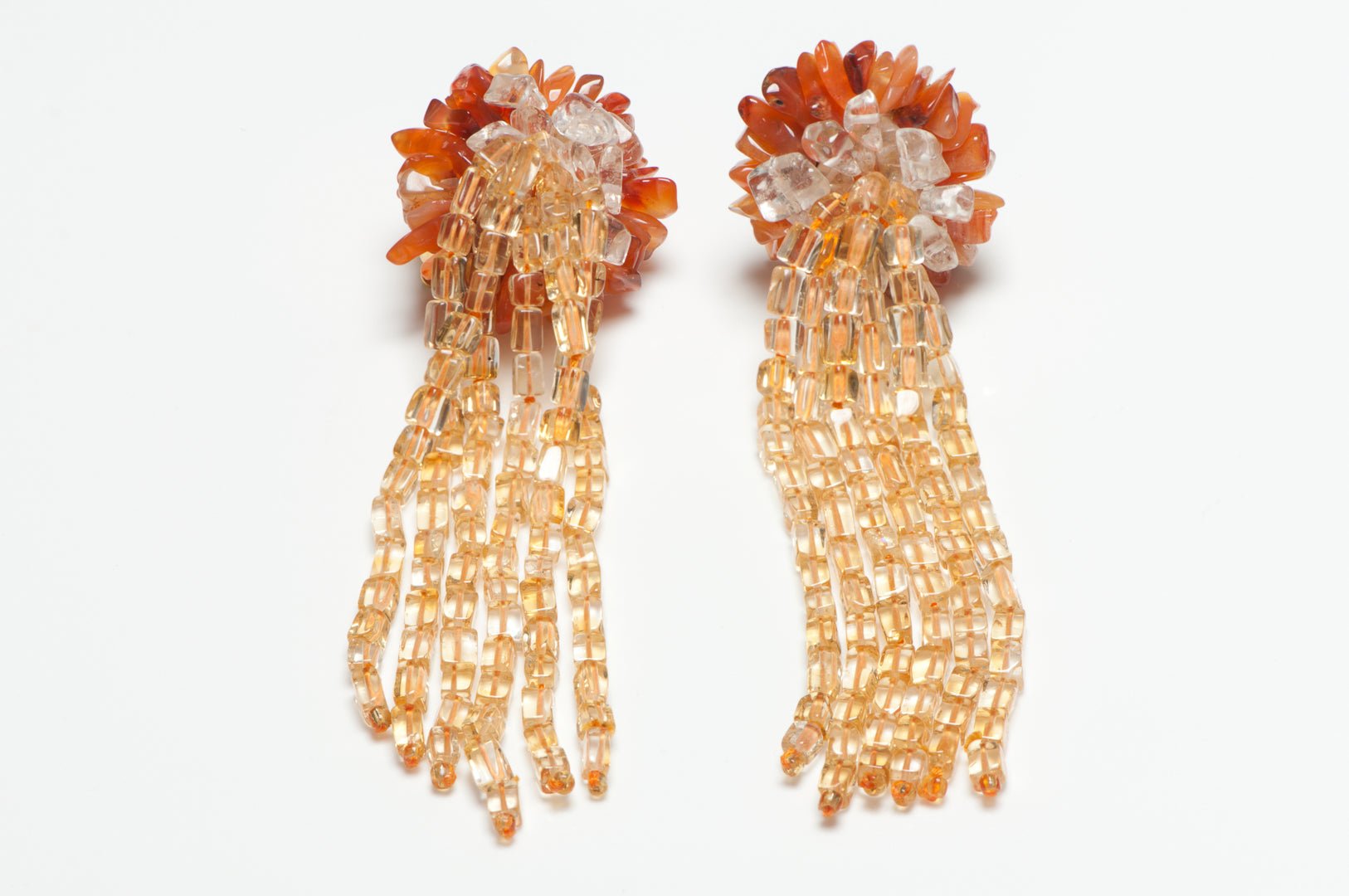 Vintage 1990’s French Long Brown Glass Beads Agate Shoulder Duster Earrings