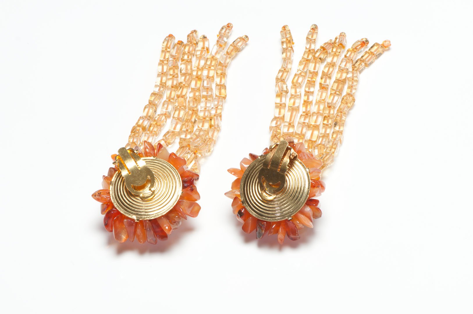 Vintage 1990’s French Long Brown Glass Beads Agate Shoulder Duster Earrings