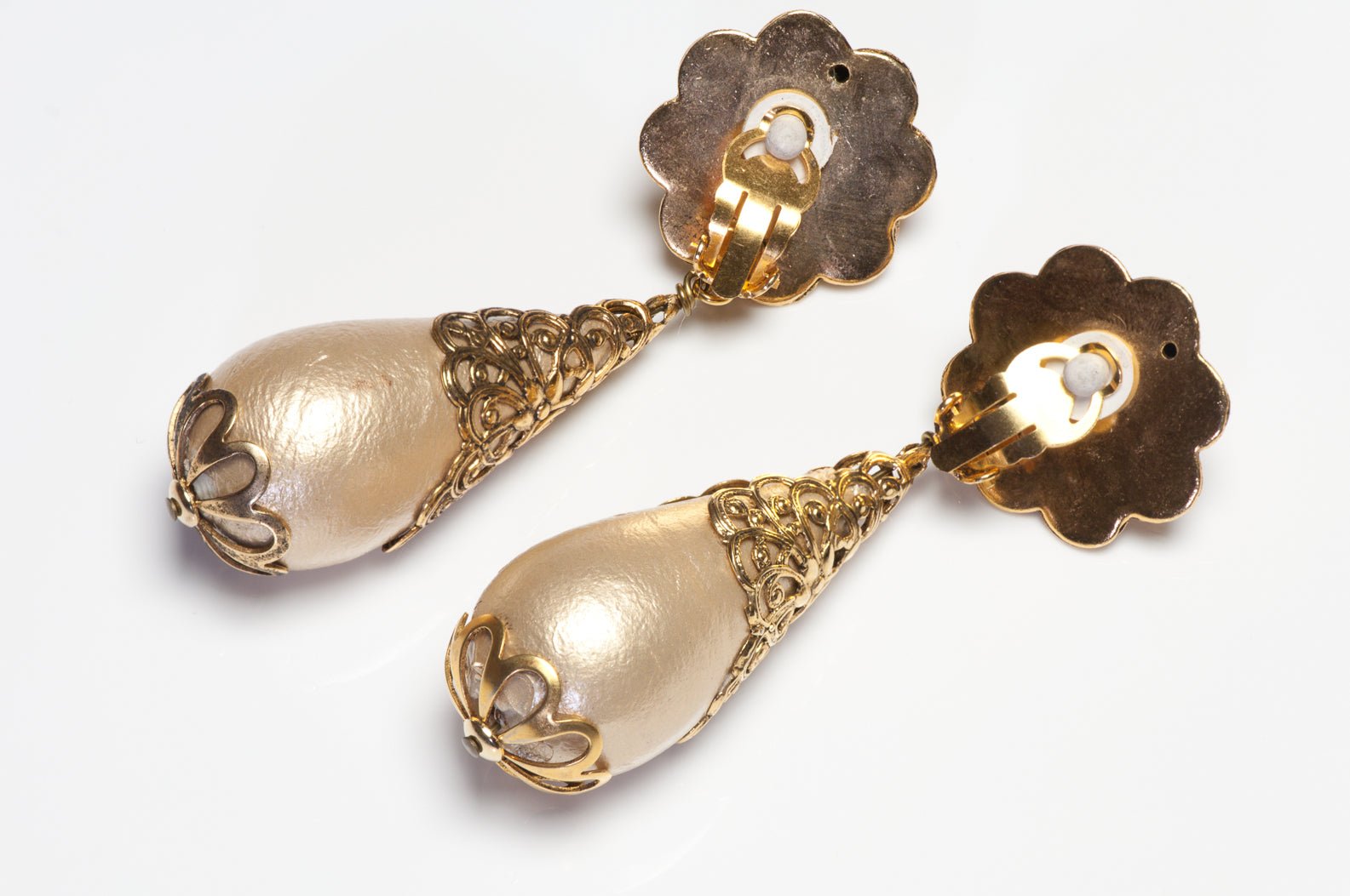 Vintage 1990's French Long Gold Plated Cotton Pearl Drop Earrings