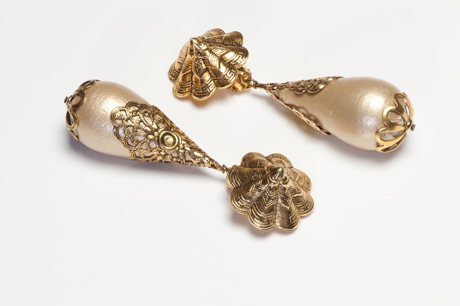 Vintage 1990's French Long Gold Plated Cotton Pearl Drop Earrings