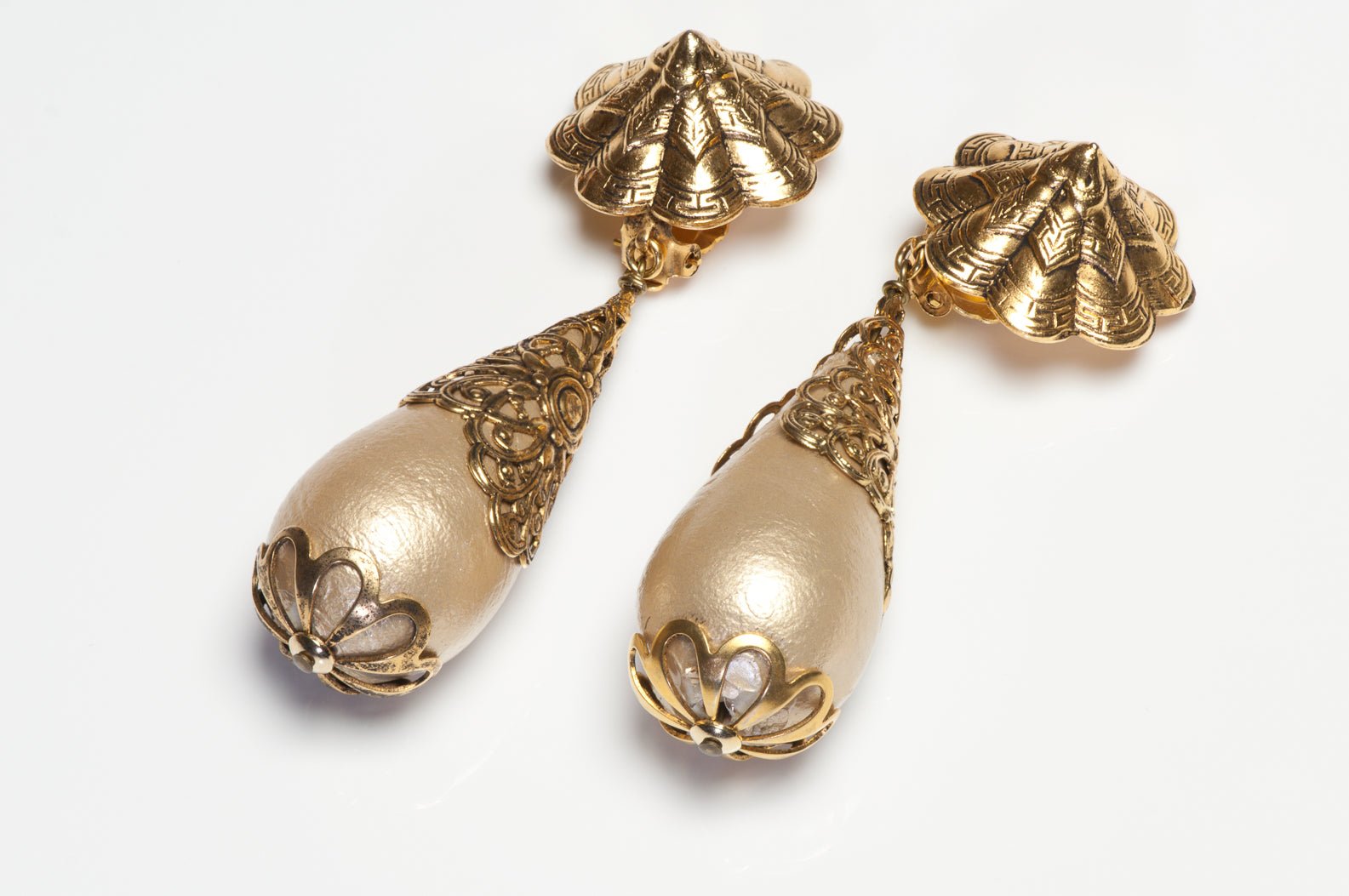 Vintage 1990's French Long Gold Plated Cotton Pearl Drop Earrings
