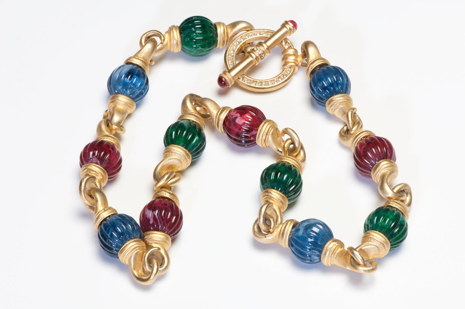 Vintage 1990’s Gold Plated Green Red Blue Glass Beads Toggle Necklace