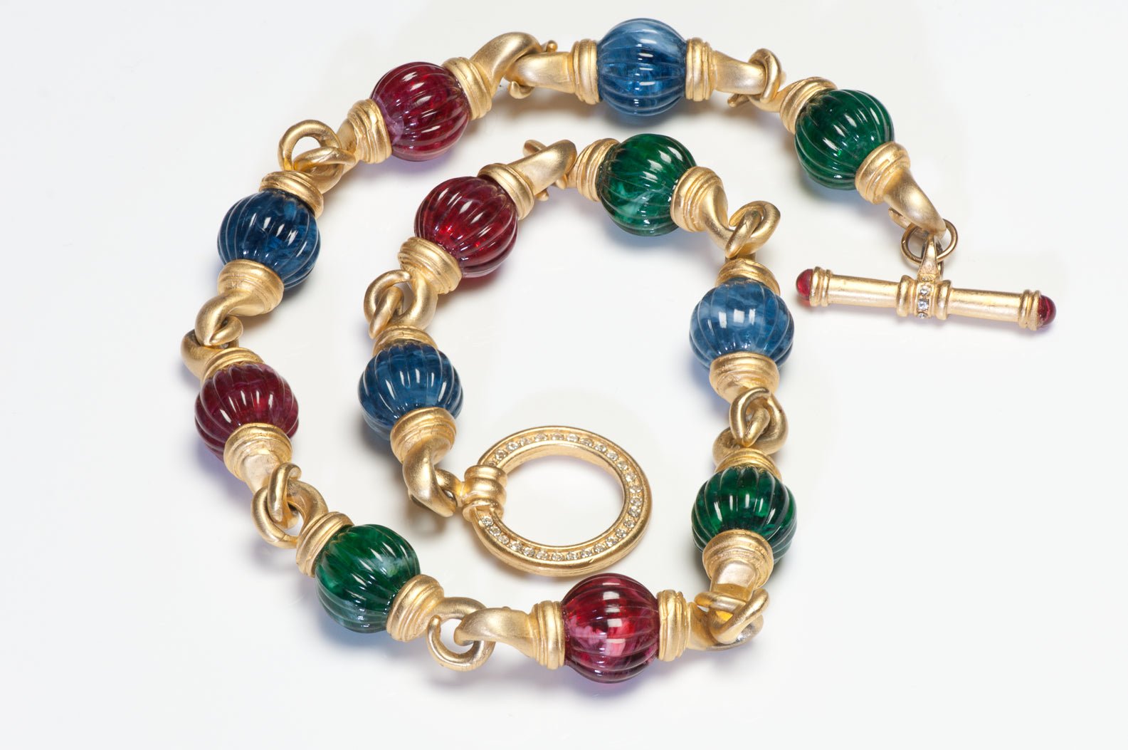 Vintage 1990’s Gold Plated Green Red Blue Glass Beads Toggle Necklace