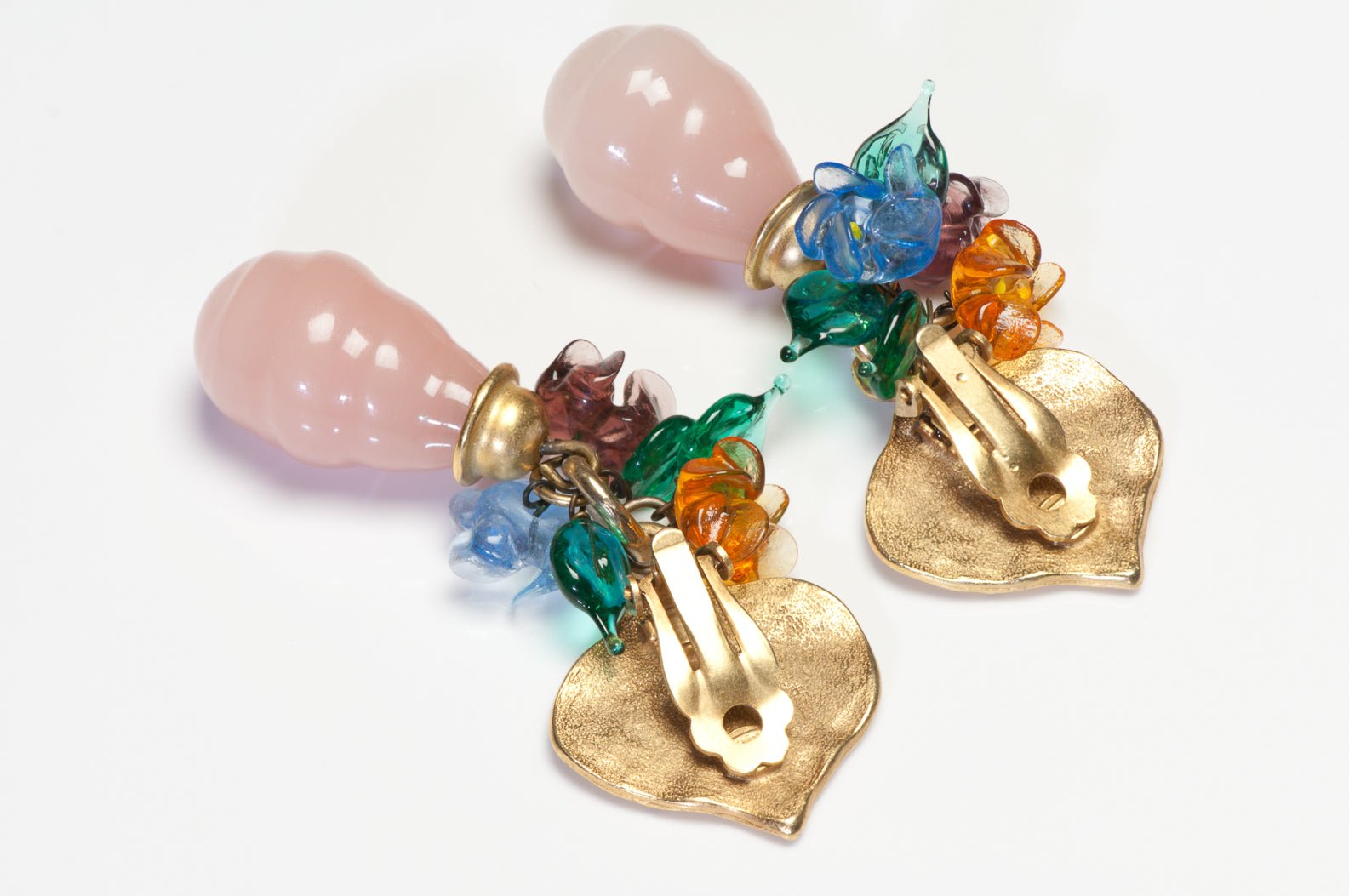 Vintage 1990’s Long Blue Green Pink Poured Glass Flower Leaf Earrings