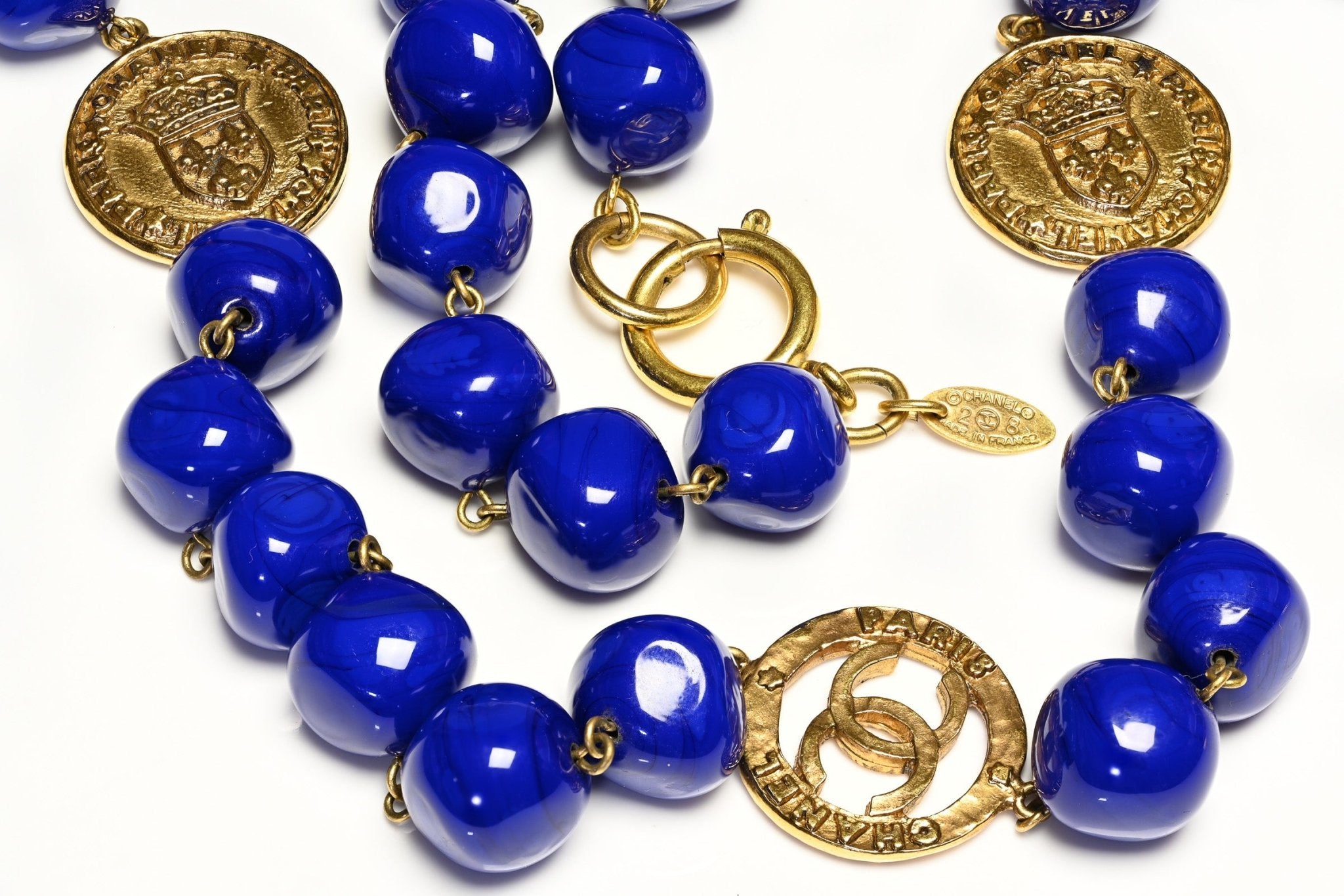 Vintage 1991 Chanel Maison Gripoix Blue Glass Beads CC Coin Medallion Sautoir Necklace