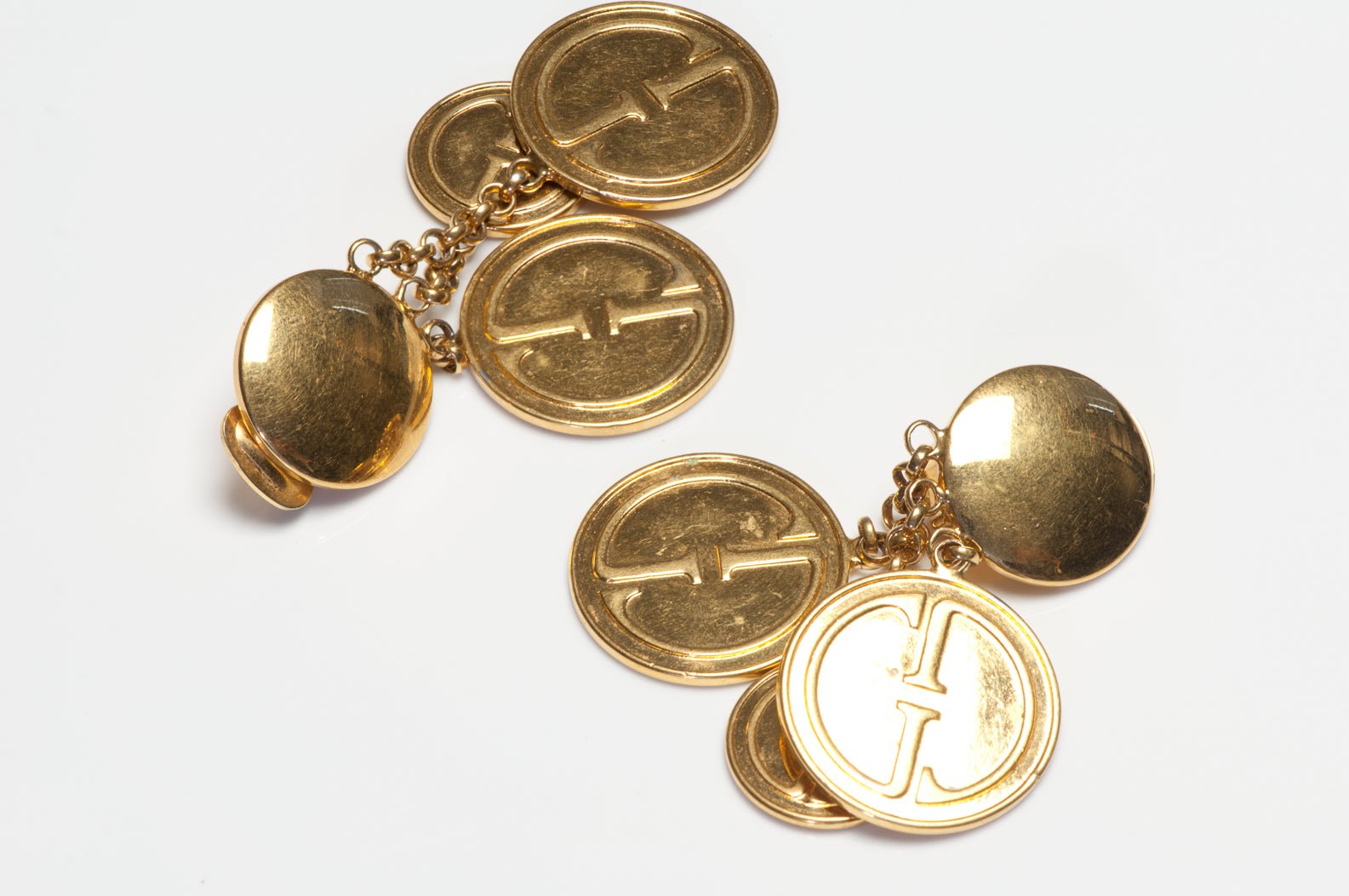 Vintage 1991 Gucci Long Gold Plated Logo Medallion Tassel Earrings