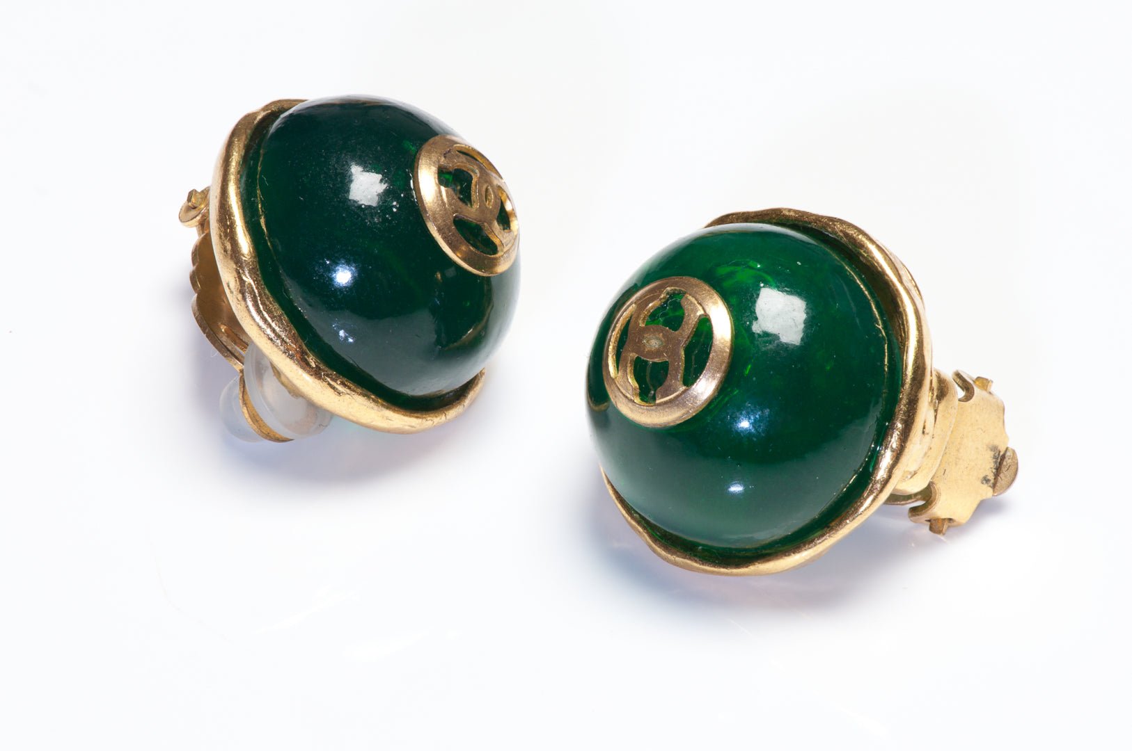 Vintage 1992 Chanel Paris Maison Gripoix Green Glass CC Earrings