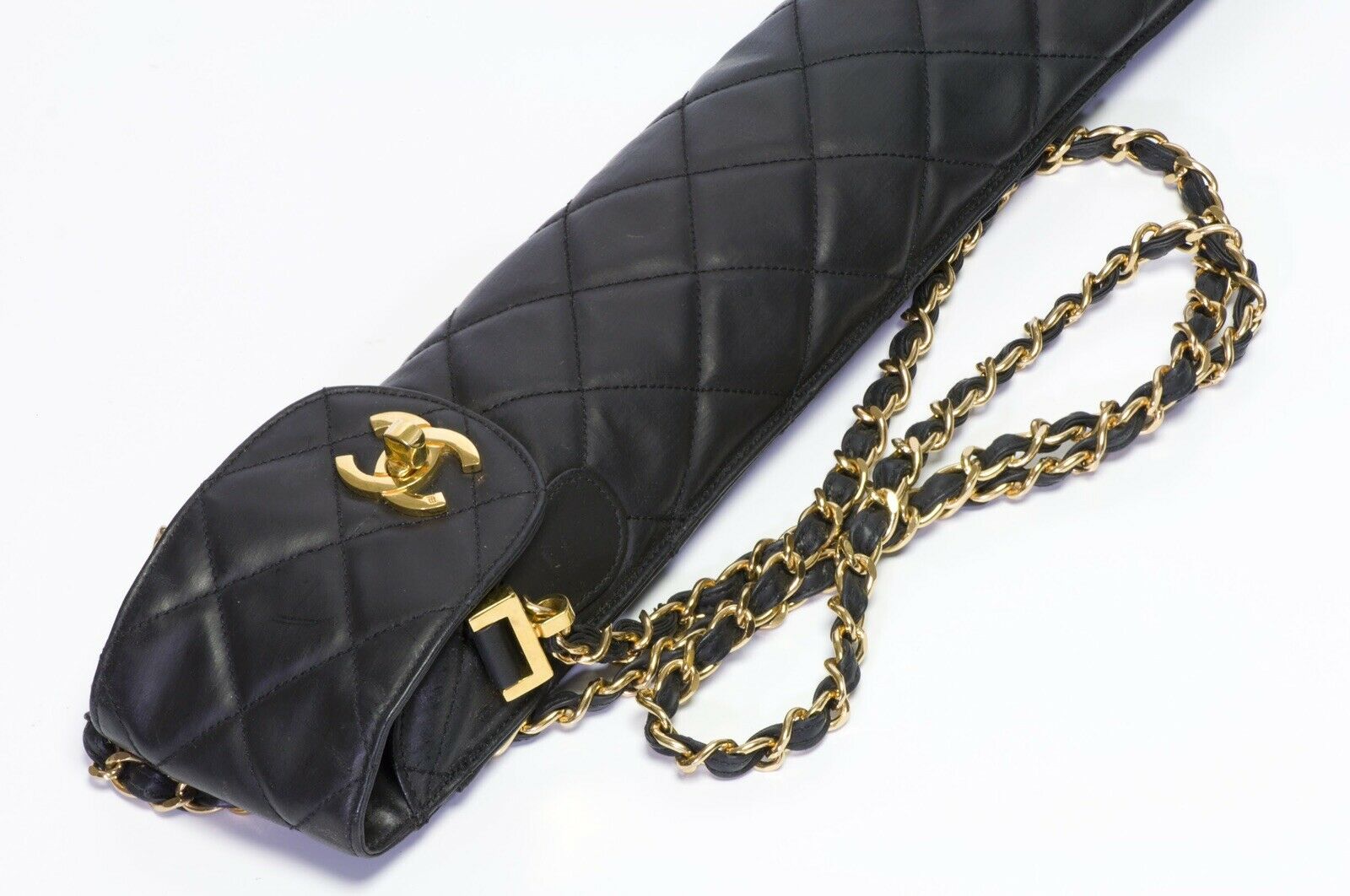 Vintage 1996 CHANEL Paris CC Black Quilted Leather Crossbody Umbrella Case Bag