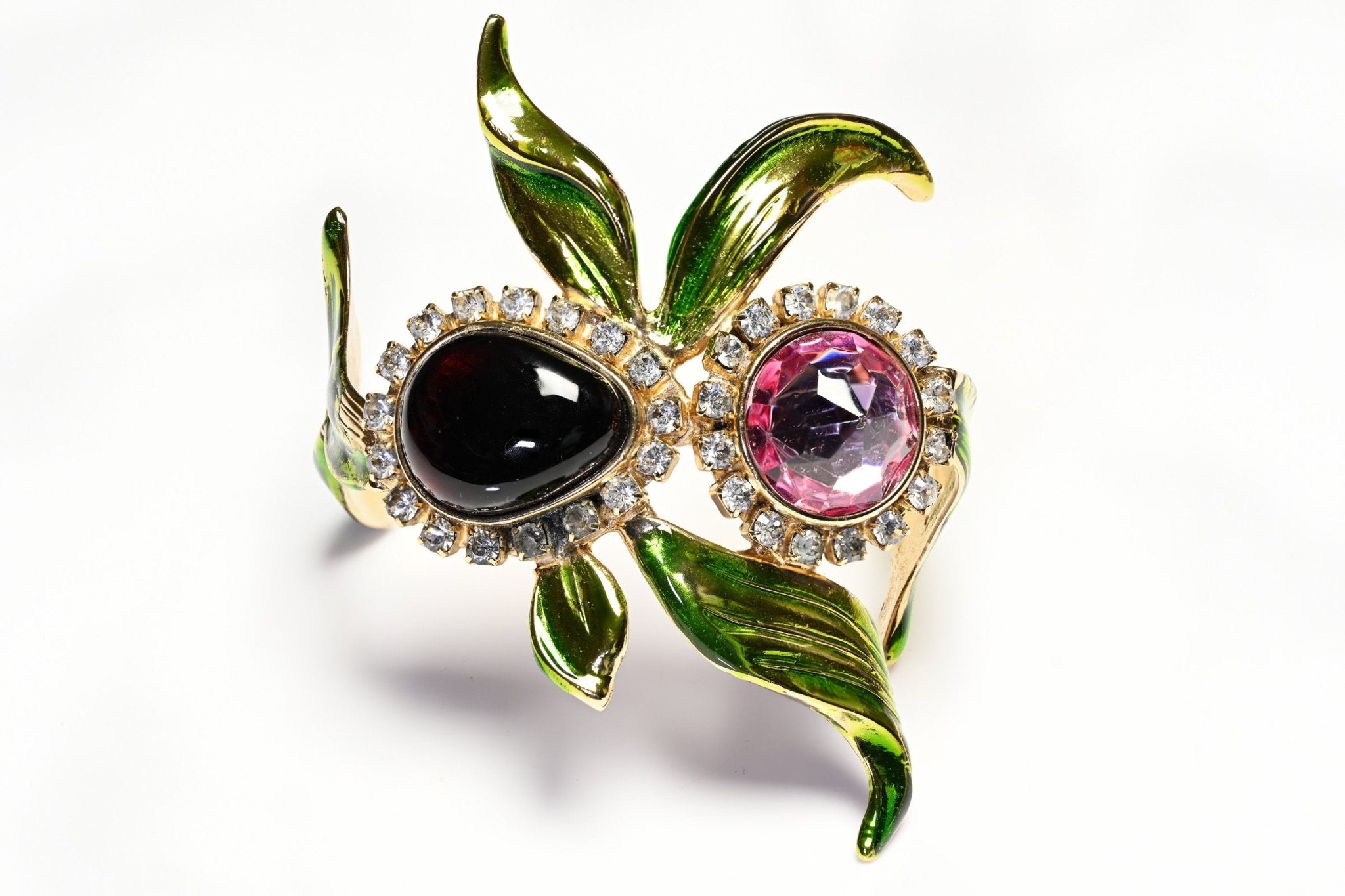 Vintage 2004 Yves Saint Laurent Tom Ford Green Enamel Pink Crystal Orchid Bracelet