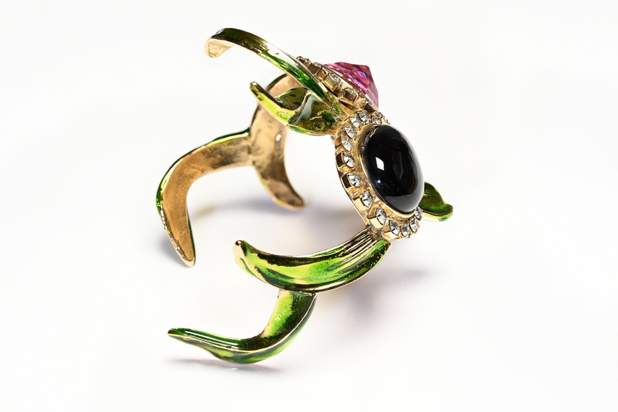 Vintage 2004 Yves Saint Laurent Tom Ford Green Enamel Pink Crystal Orchid Bracelet