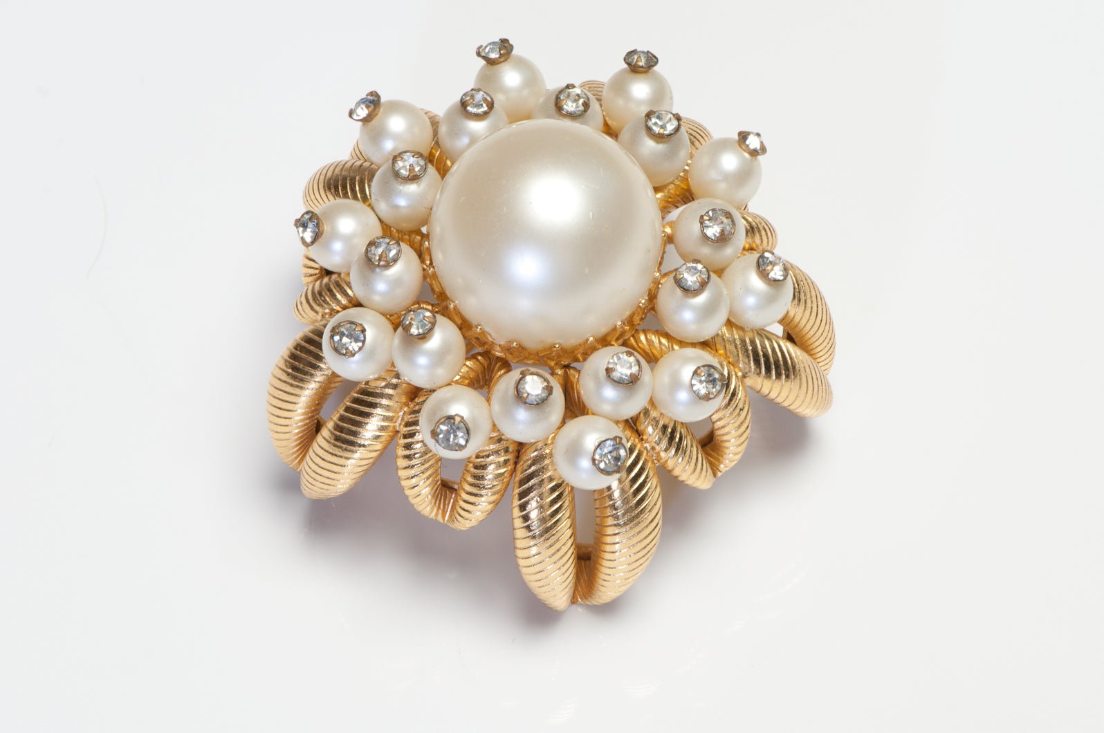 Vintage Arnold Scaasi Faux Pearl Crystal Flower Brooch