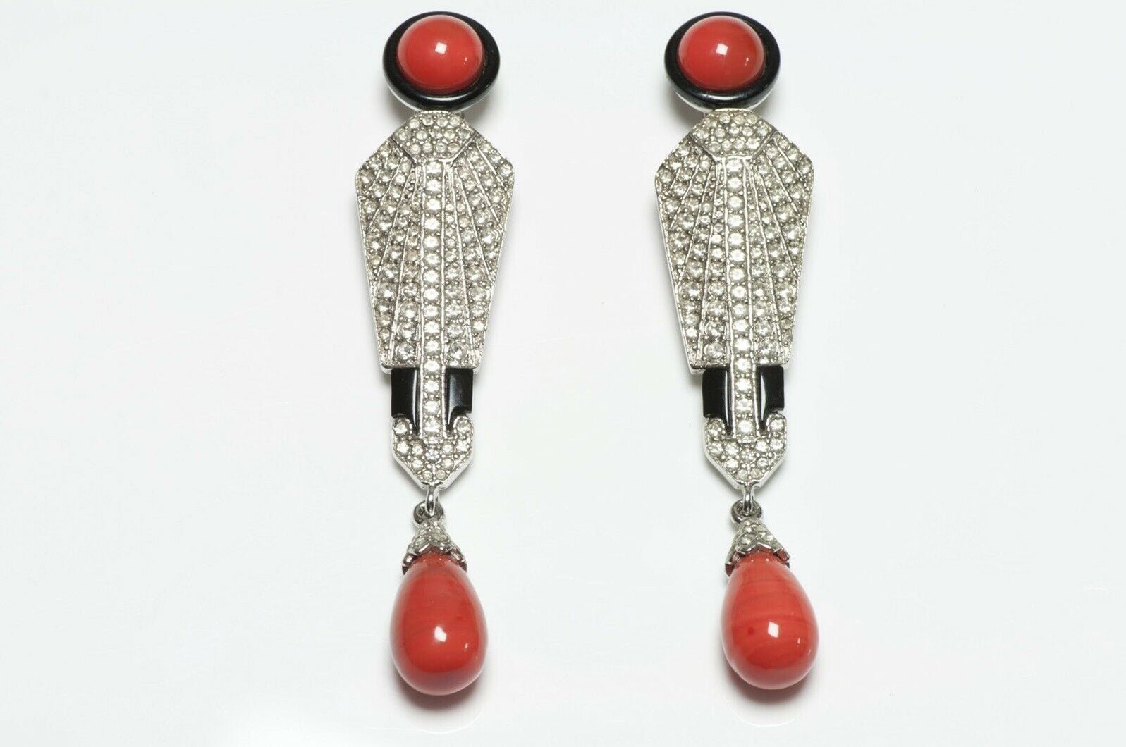 Vintage Art Deco 89 Black Enamel Orange Glass Drop Earrings