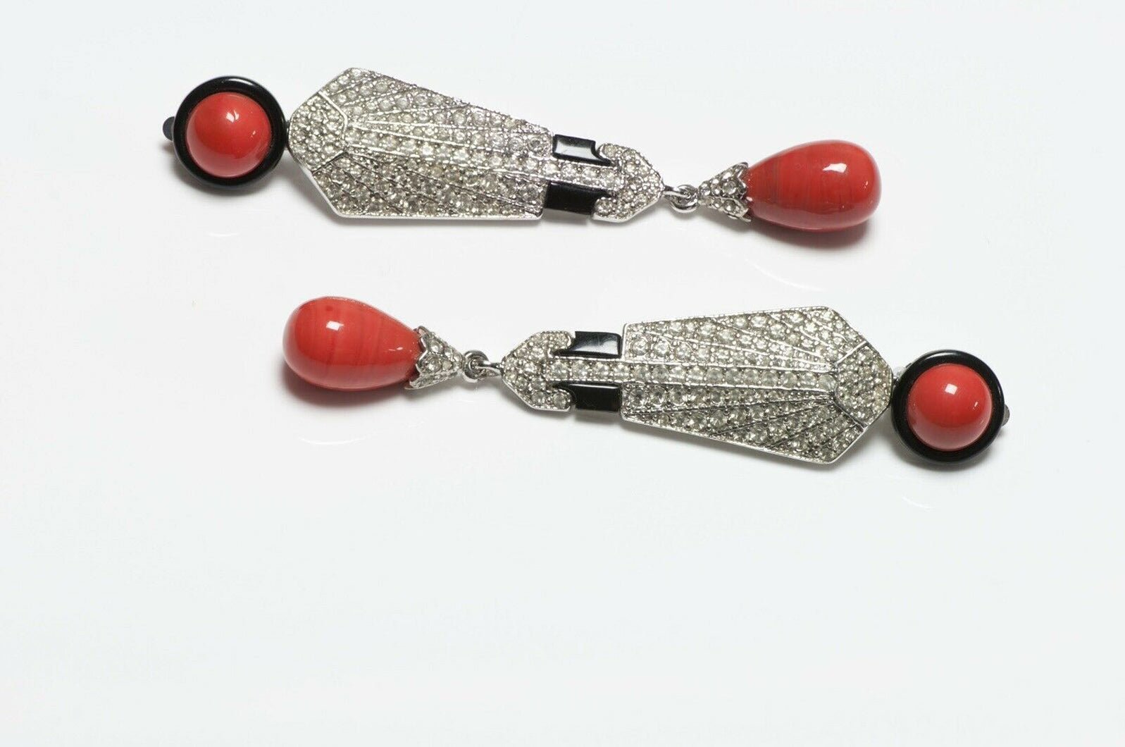 Vintage Art Deco 89 Black Enamel Orange Glass Drop Earrings