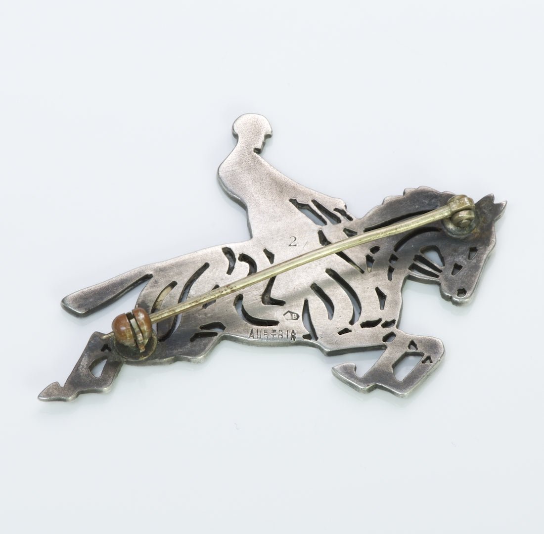 Vintage Austria Silver Marcasite Enamel Horse Jockey Brooch