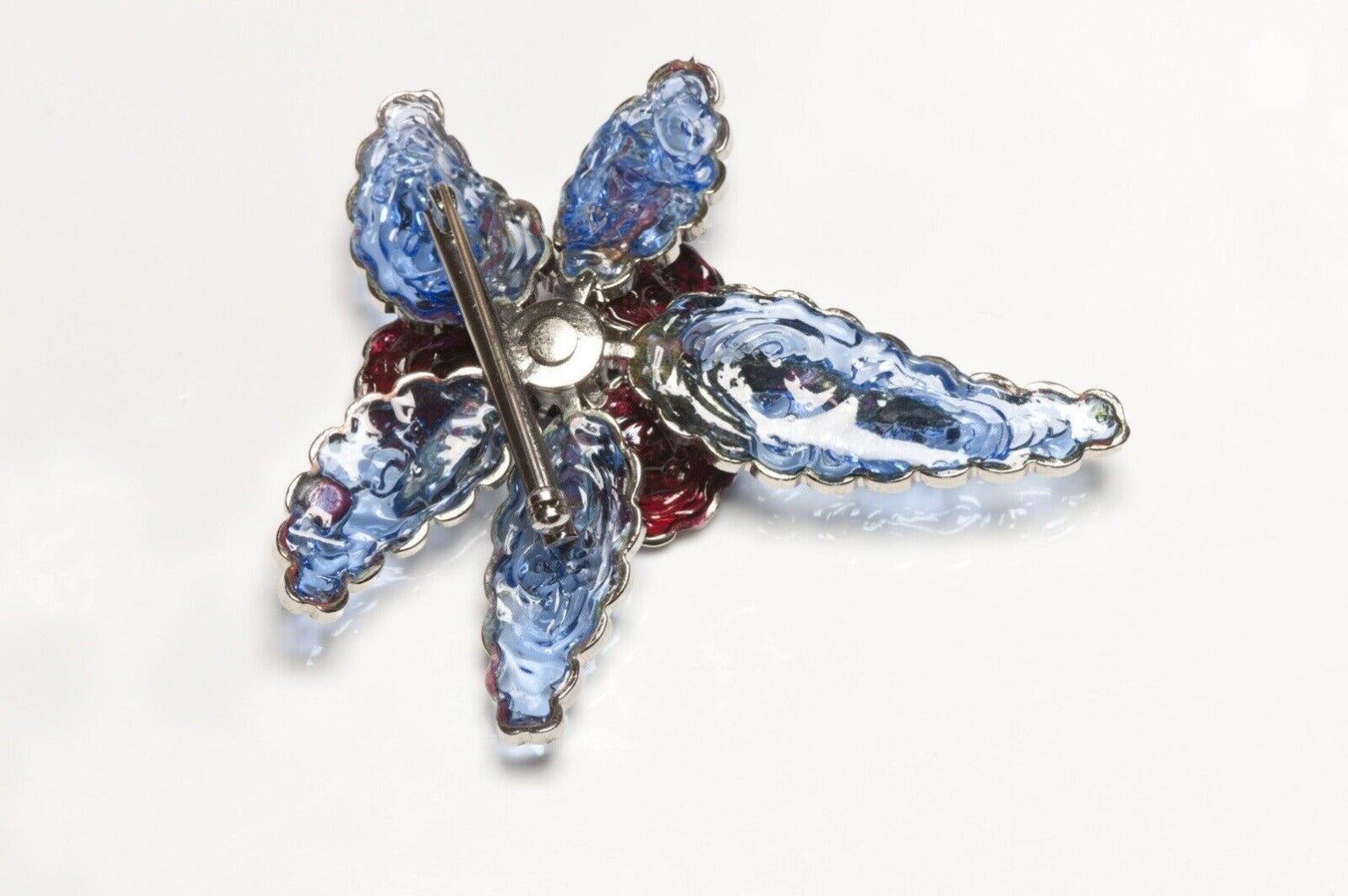 Vintage Blue Red Poured Glass AB Crystal Orchid Flower Brooch