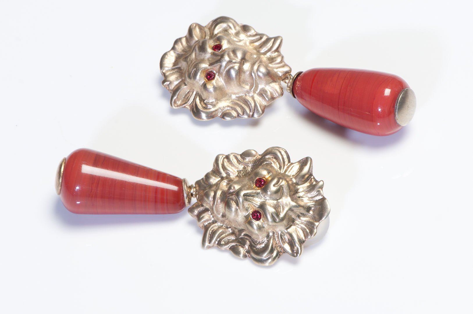 Vintage Bottega Veneta Sterling Silver Red Glass Crystal Lion Earrings