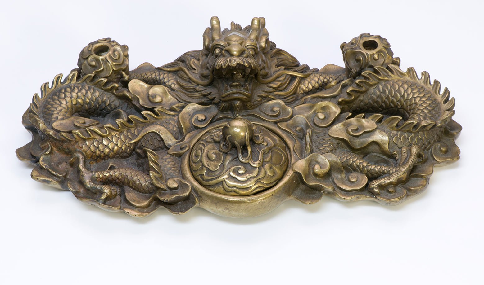 Vintage Bronze Asian Dragon Desk Ink Well