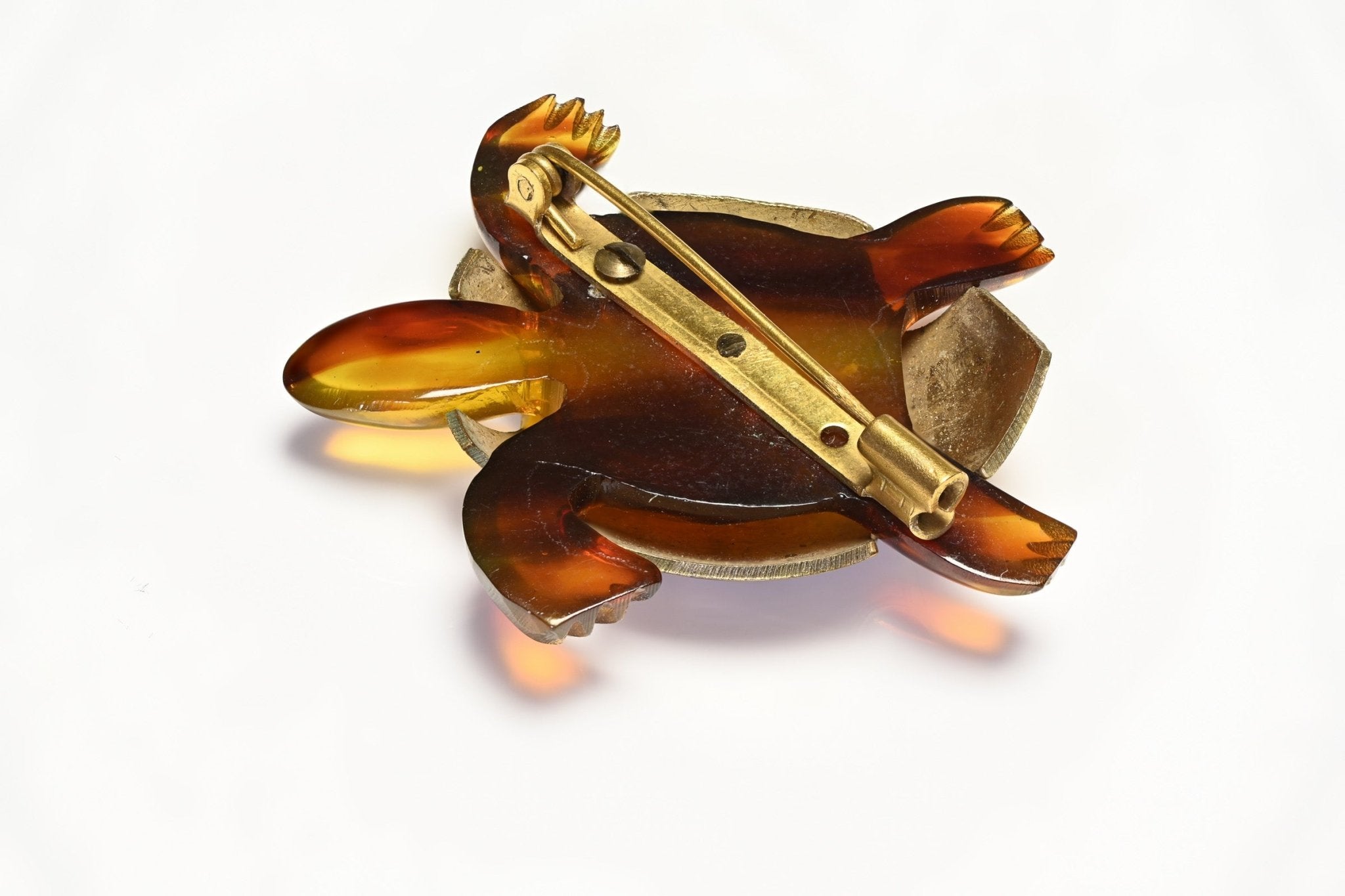Vintage Brown Lucite Textured Metal Turtle Brooch